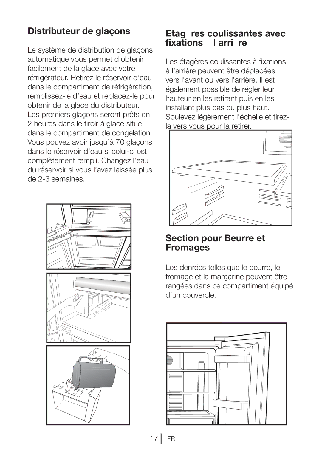 Blomberg KQD 1251 XA++, KQD 1250 XA+ manual Distributeur de glaçons, Etagères coulissantes avec fixations à l’arrière 