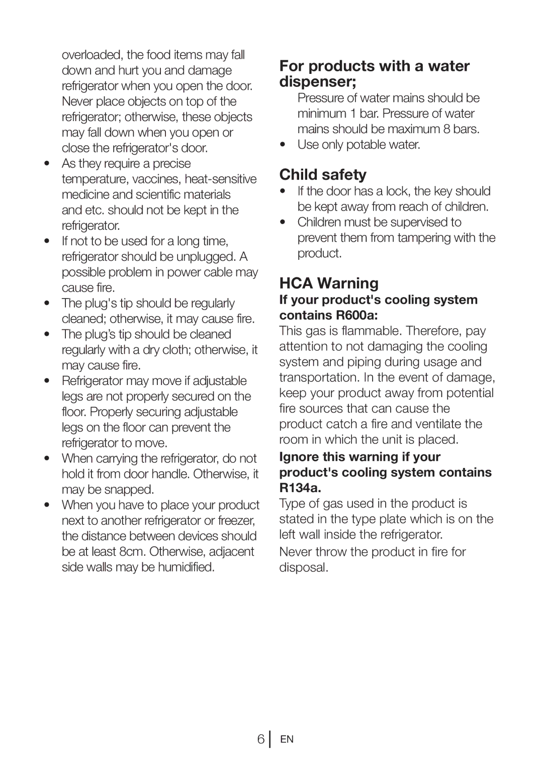 Blomberg KQD 1250, KQD 1251 XA++ For products with a water dispenser, Child safety, HCA Warning, Use only potable water 