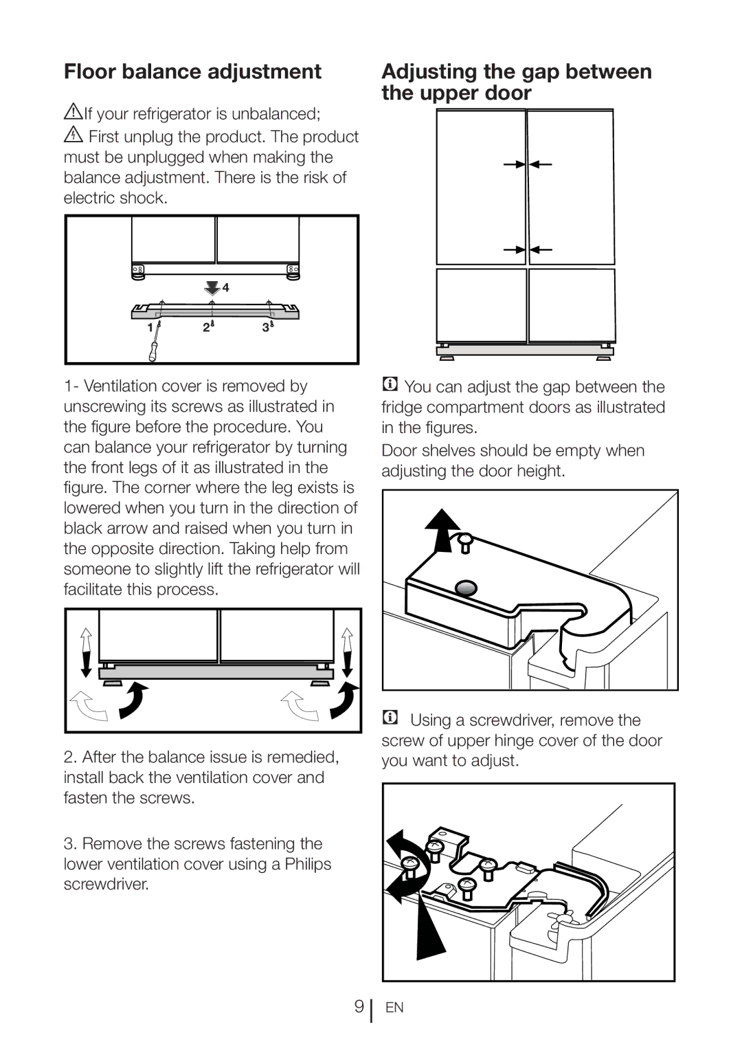 Blomberg KQD 1360X Floor balance adjustment Adjusting the gap between, Upper door, AIf your refrigerator is unbalanced 