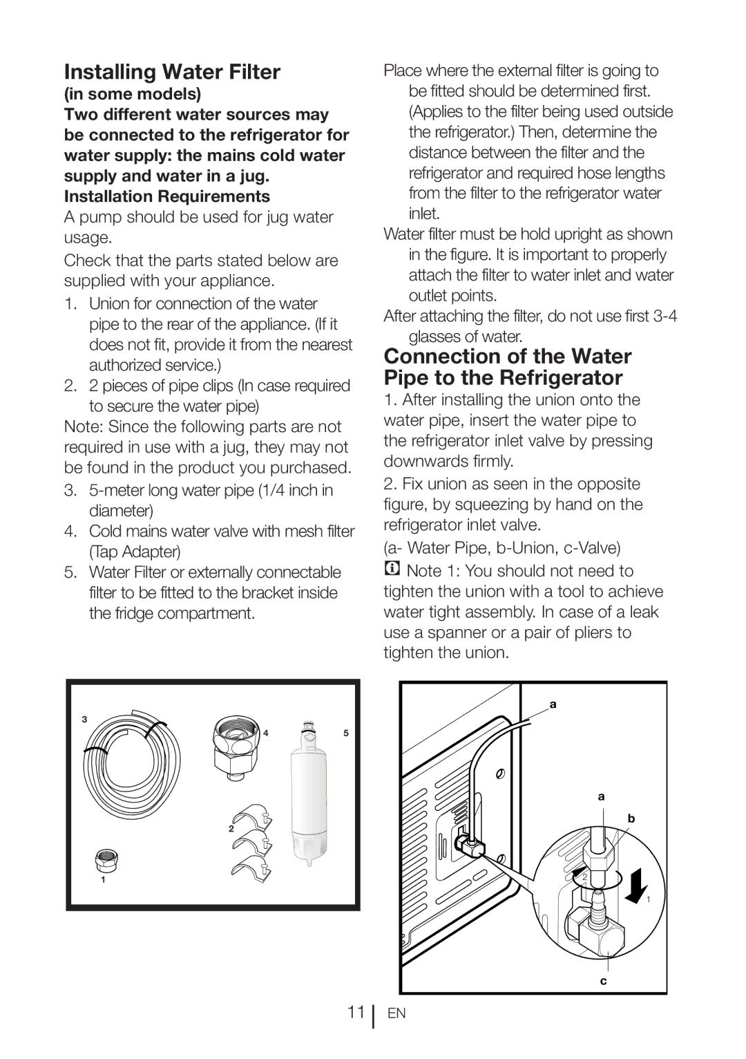 Blomberg KQD 1360X A++, KQD 1360E A+ manual Installing Water Filter, Connection of the Water Pipe to the Refrigerator 