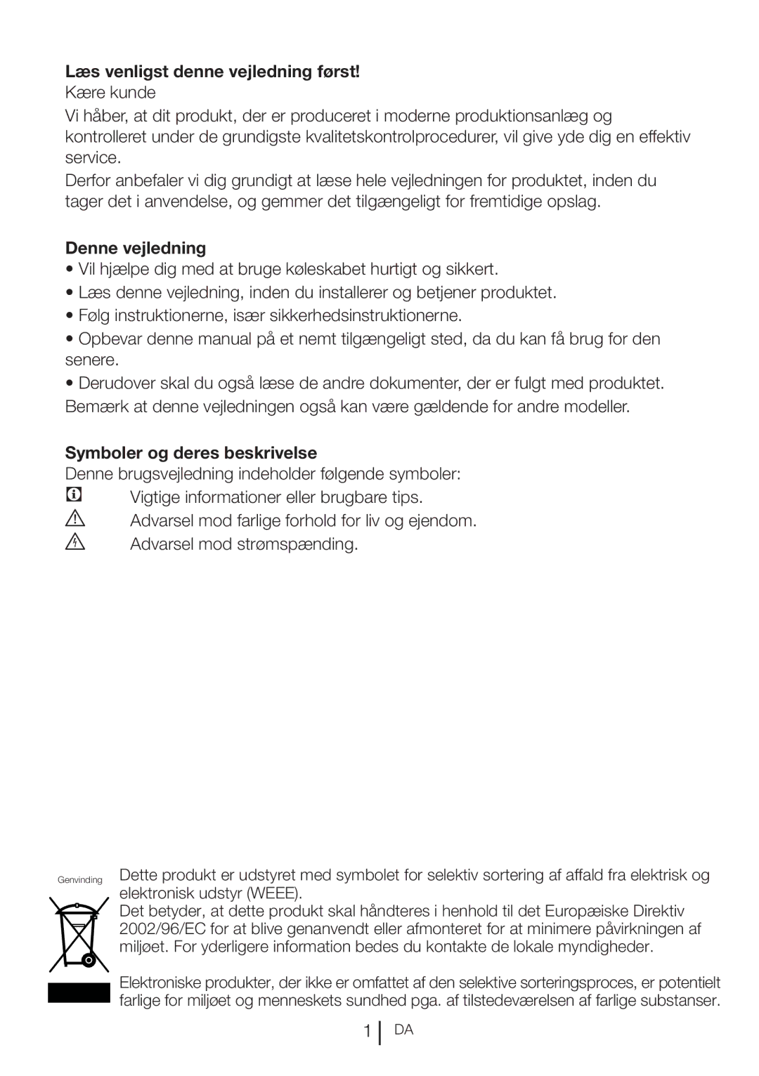 Blomberg KQD 1360E, KQD 1360X manual Læs venligst denne vejledning først, Denne vejledning, Symboler og deres beskrivelse 