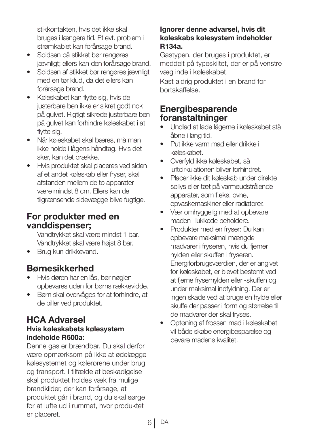 Blomberg KQD 1360E For produkter med en vanddispenser, Børnesikkerhed, HCA Advarsel, Energibesparende foranstaltninger 