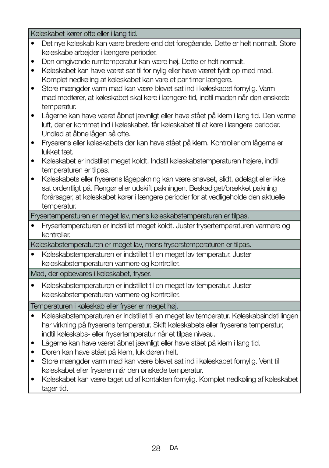 Blomberg KQD 1360X, KQD 1360E Mad, der opbevares i køleskabet, fryser, Temperaturen i køleskab eller fryser er meget høj 