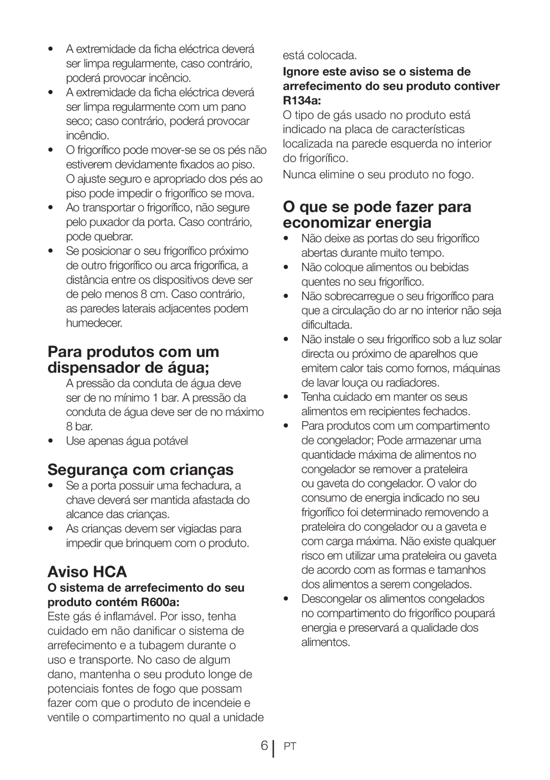 Blomberg KQD 1360X A++, KQD 1360E A+ manual Para produtos com um dispensador de água, Segurança com crianças, Aviso HCA 