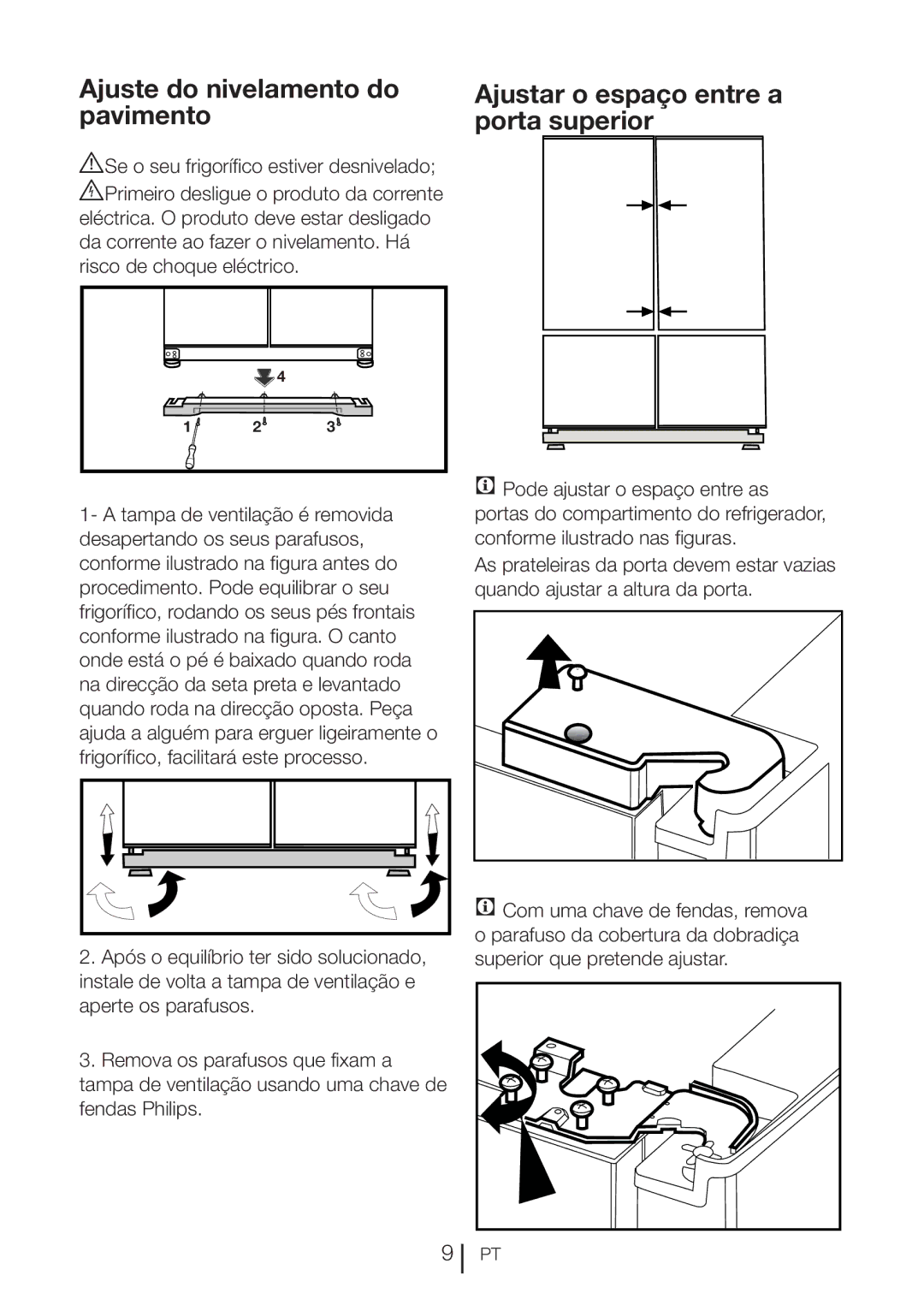 Blomberg KQD 1360X A++, KQD 1360E manual Ajuste do nivelamento do pavimento, Ajustar o espaço entre a porta superior 