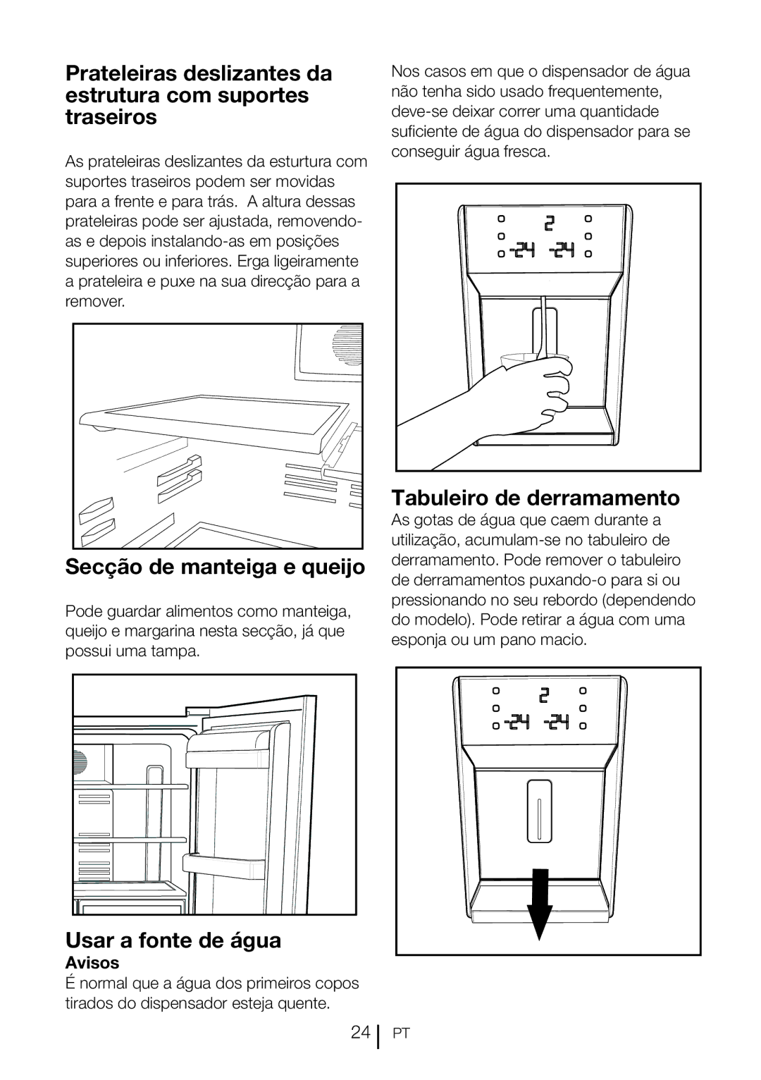 Blomberg KQD 1360X manual Prateleiras deslizantes da estrutura com suportes traseiros, Secção de manteiga e queijo, Avisos 