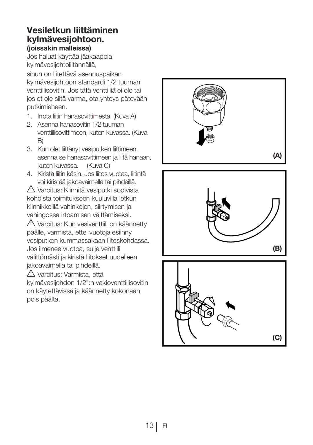 Blomberg KQD 1360X A++, KQD 1360E A+ manual Vesiletkun liittäminen kylmävesijohtoon 