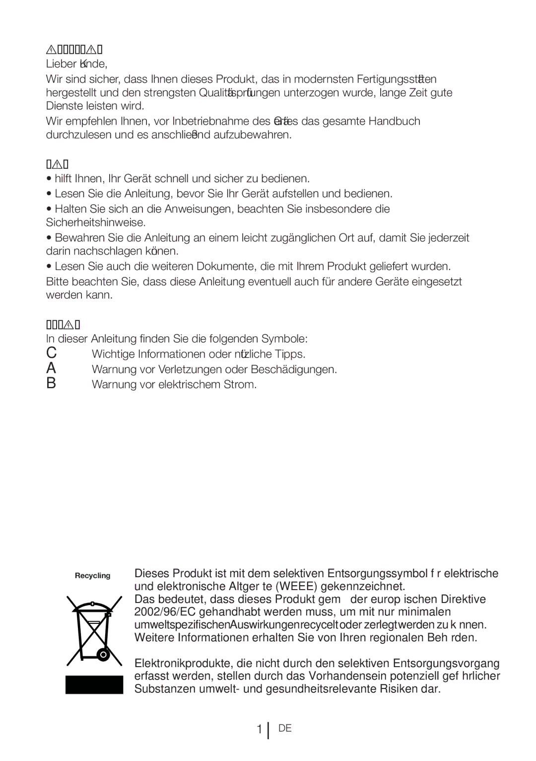 Blomberg KQD 1360X A++, KQD 1360E Bitte lesen Sie zuerst diese Anleitung, Diese Anleitung, Symbole und ihre Bedeutung 