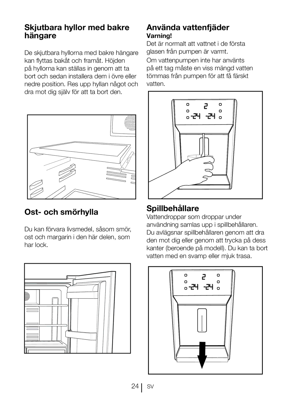 Blomberg KQD 1360X A++ manual Skjutbara hyllor med bakre hängare, Ost- och smörhylla, Använda vattenfjäder, Spillbehållare 