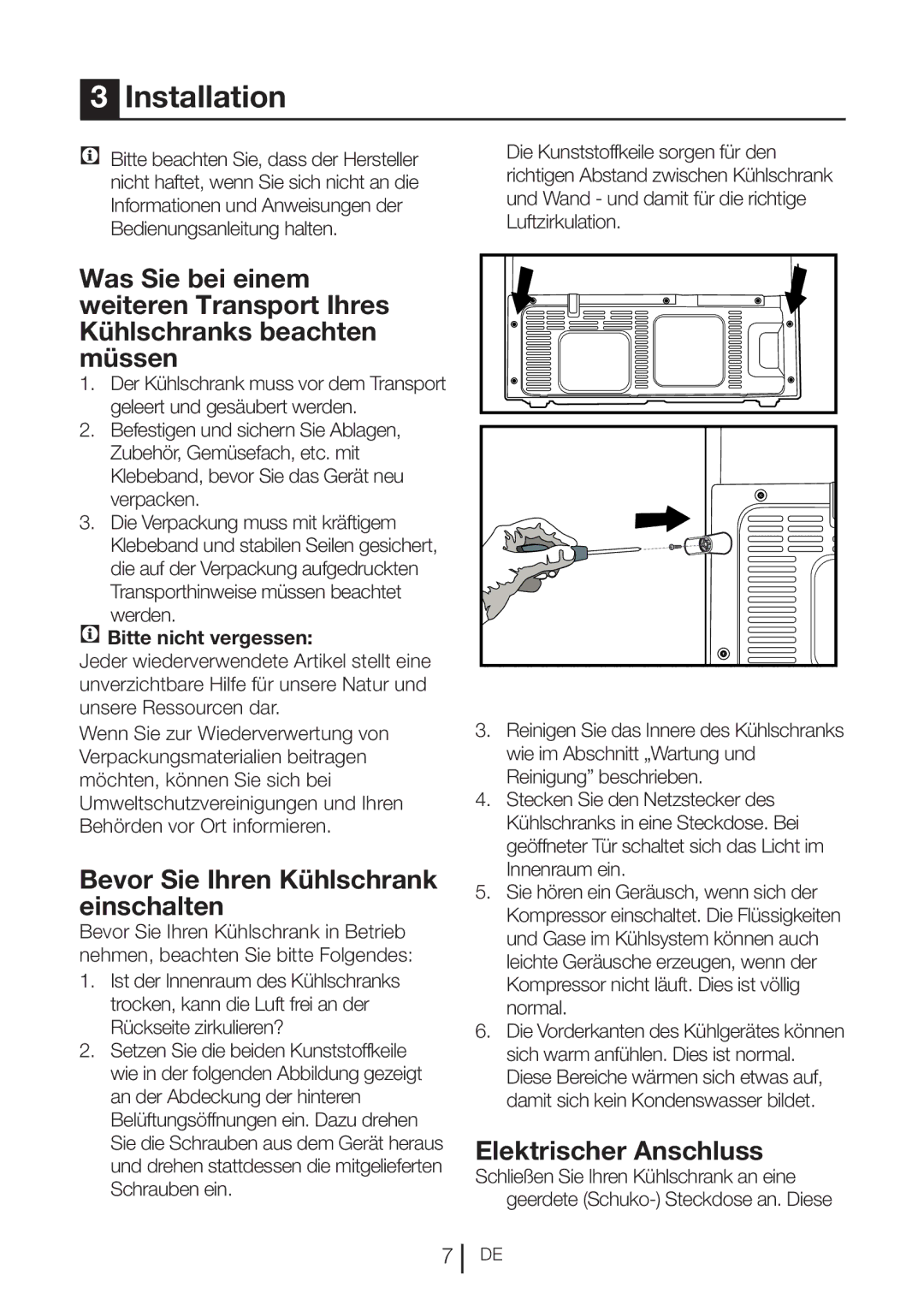 Blomberg KQD 1360X A++, KQD 1360E Bevor Sie Ihren Kühlschrank einschalten, Elektrischer Anschluss, Bitte nicht vergessen 