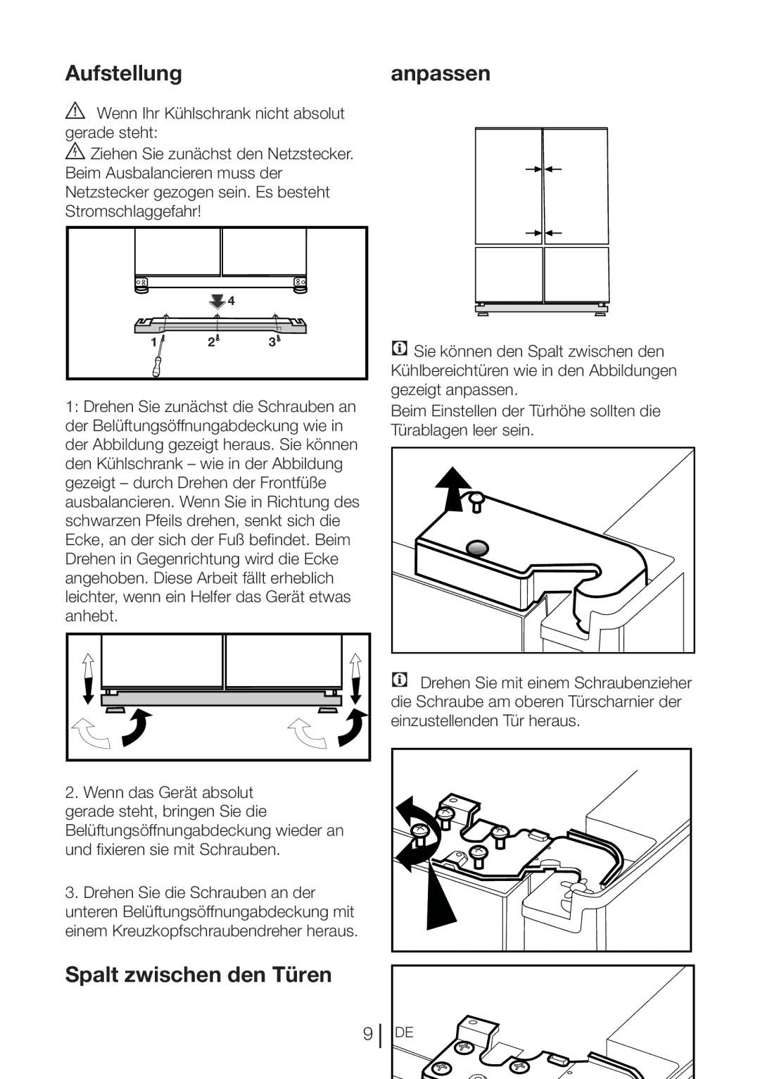 Blomberg KQD 1360E A+, KQD 1360X A++ manual Aufstellunganpassen, Spalt zwischen den Türen 