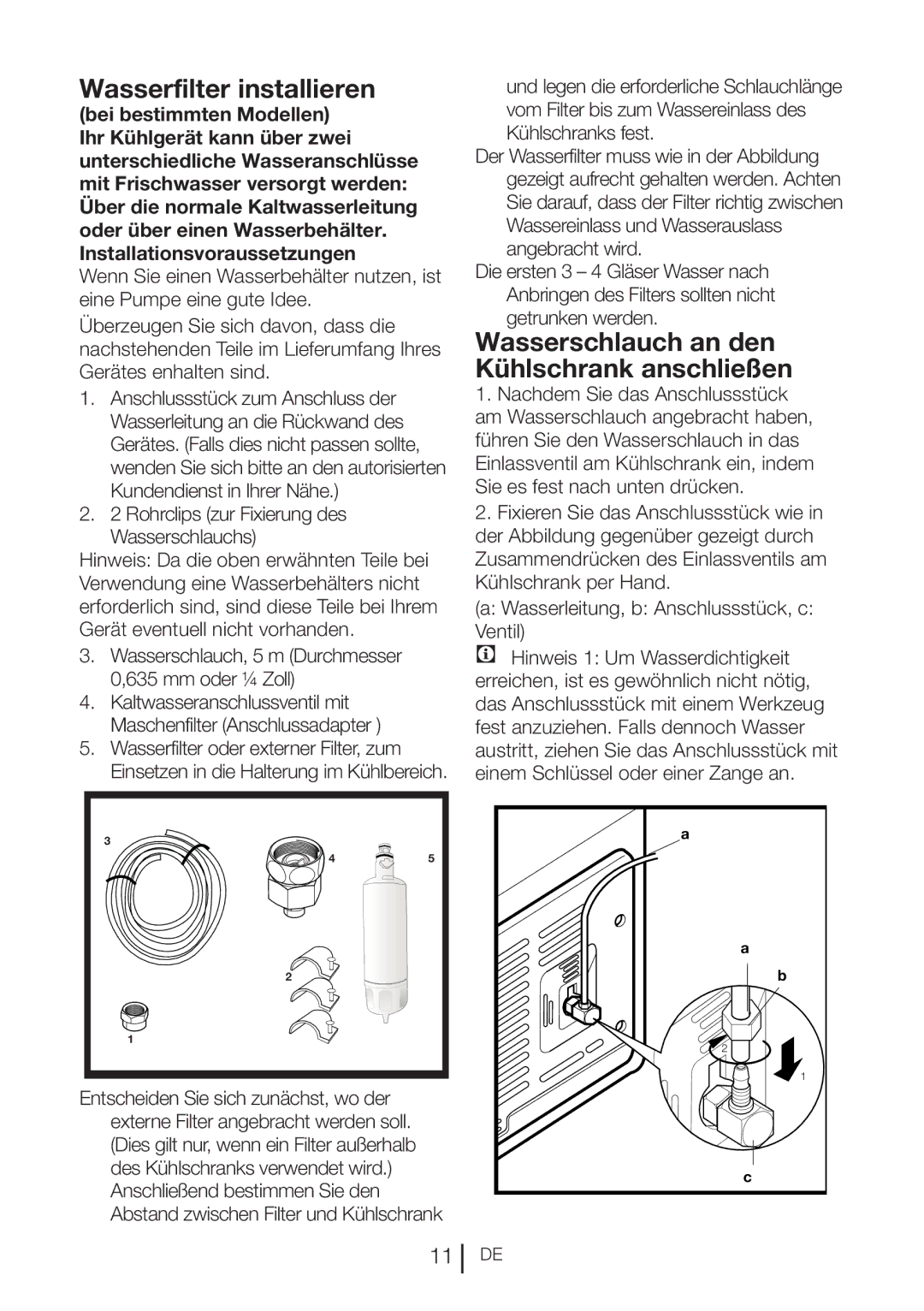 Blomberg KQD 1360X A++, KQD 1360E A+ manual Wasserfilter installieren, Wasserschlauch an den Kühlschrank anschließen 