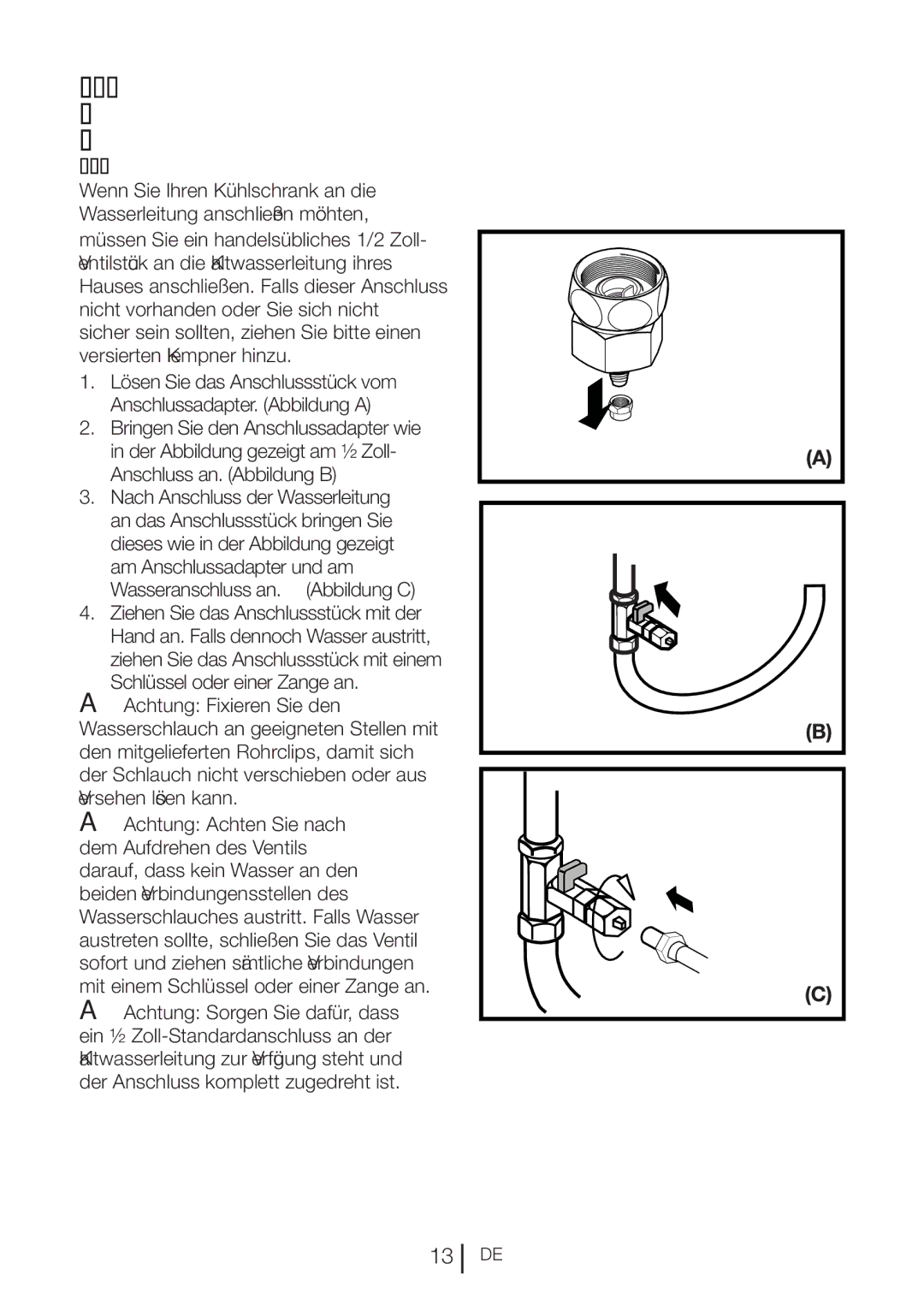 Blomberg KQD 1360X A++, KQD 1360E A+ manual Wasserschlauch an den Kaltwasseranschluss anschließen 