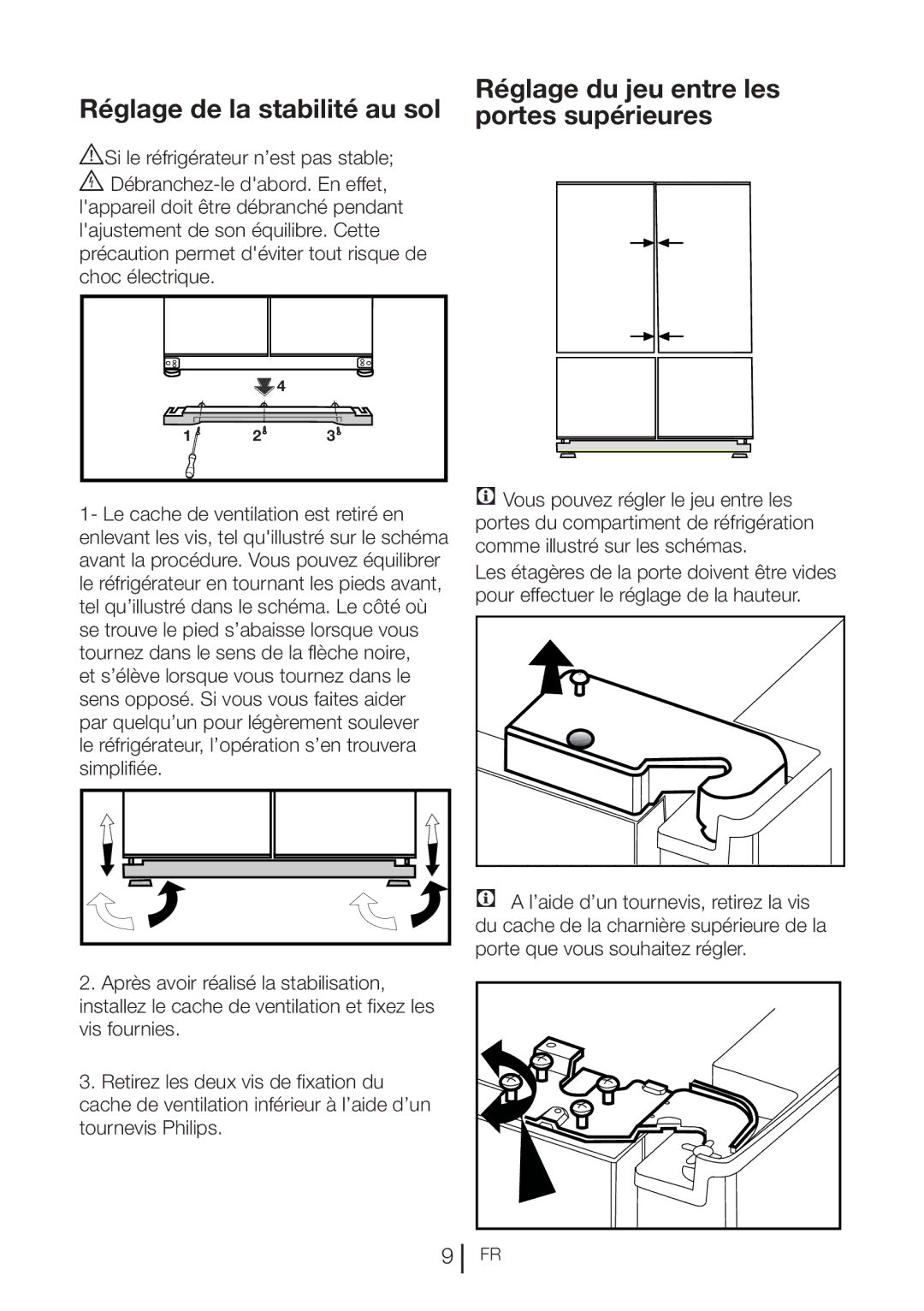 Blomberg KQD 1360E, KQD 1360X A+ manual Réglage de la stabilité au sol, Réglage du jeu entre les portes supérieures 