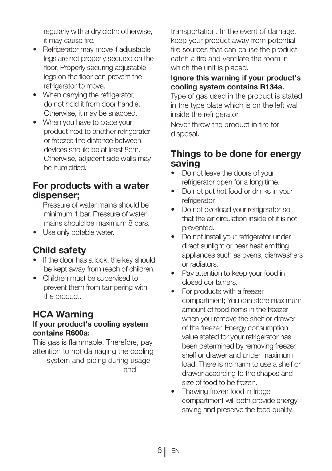 Blomberg KQD 1360X A++ For products with a water dispenser, Child safety, HCA Warning, Things to be done for energy saving 