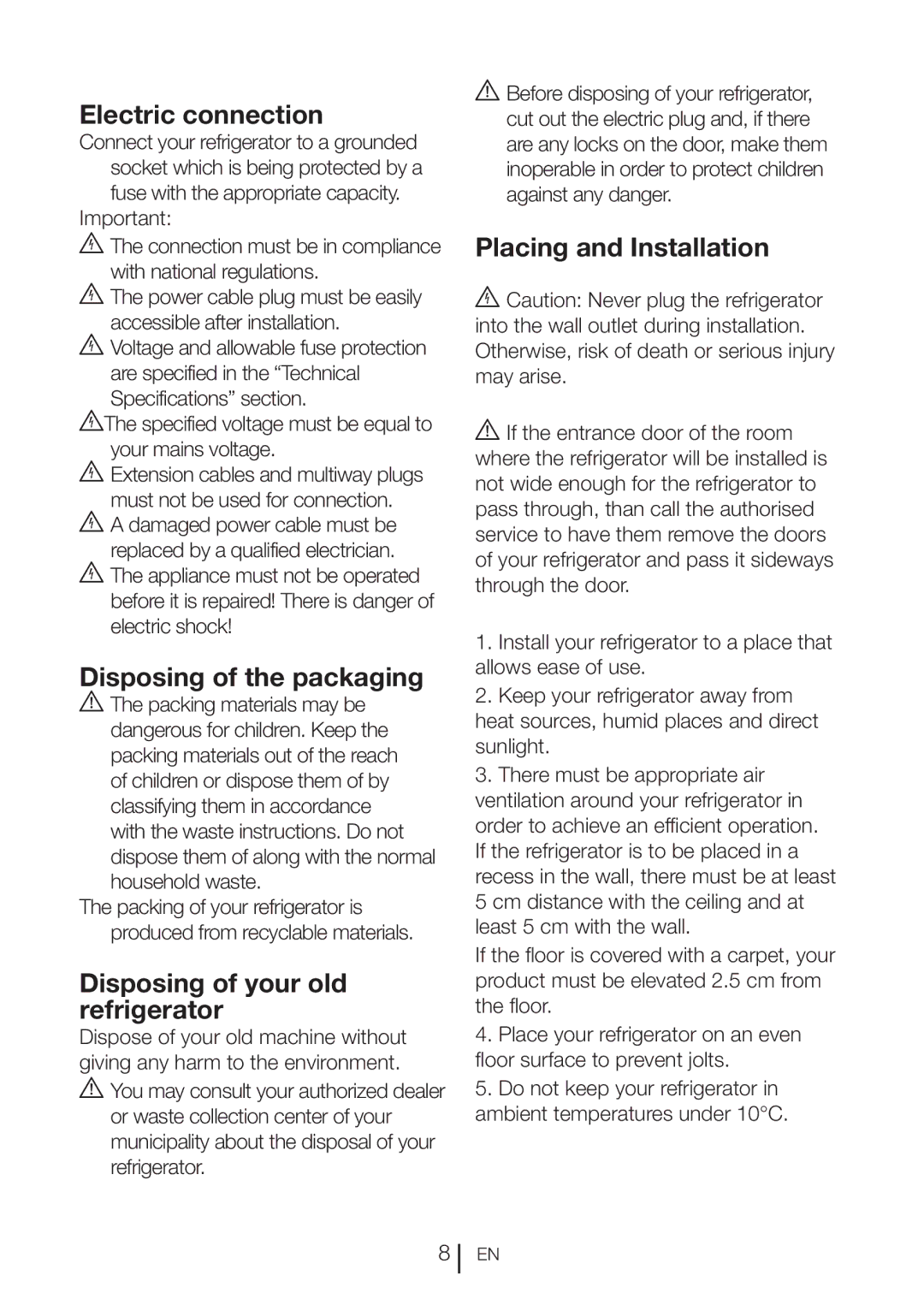 Blomberg KQD 1360E A+, KQD 1360X manual Electric connection, Disposing of the packaging, Disposing of your old refrigerator 