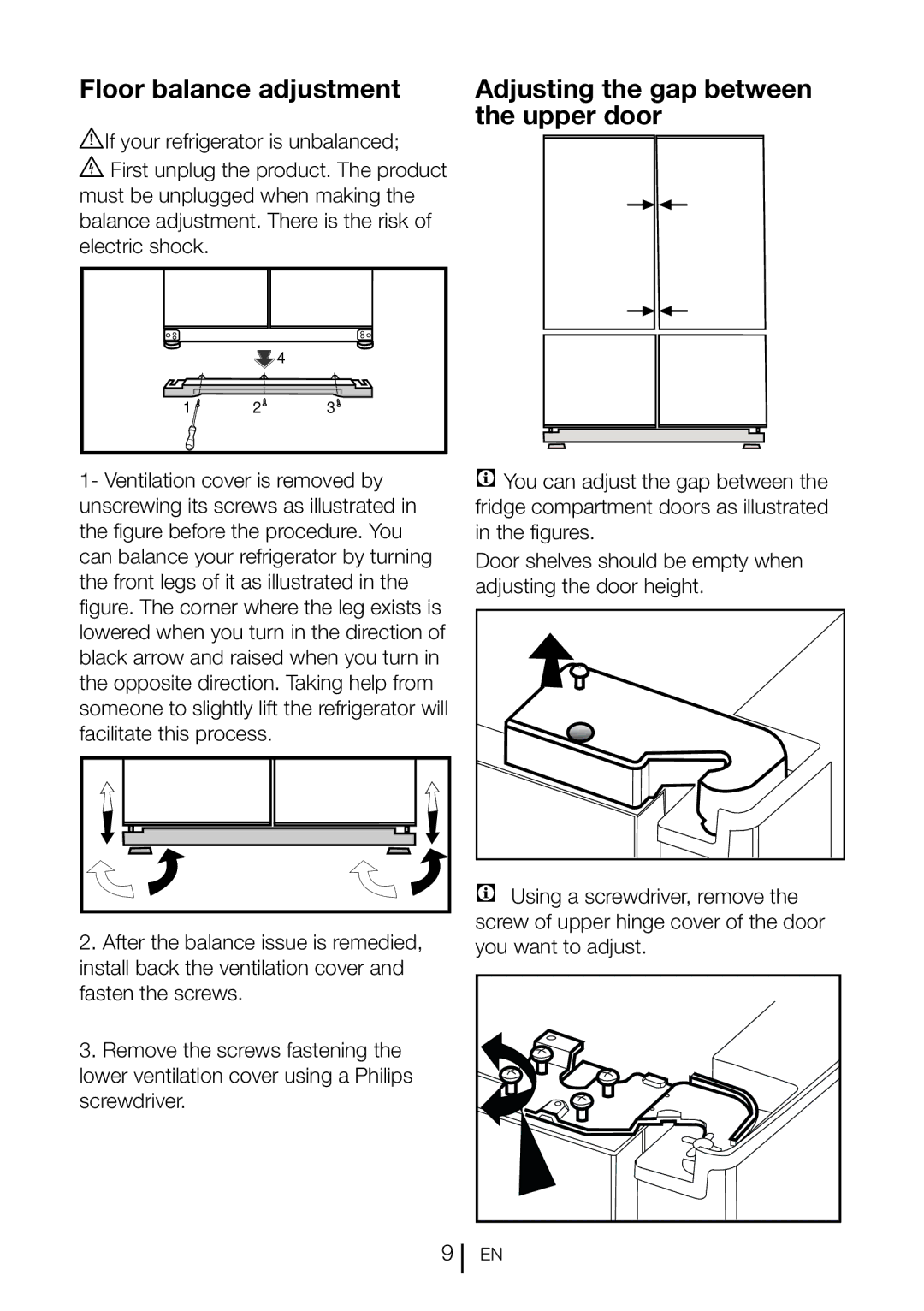 Blomberg KQD 1360X Floor balance adjustment Adjusting the gap between, Upper door, AIf your refrigerator is unbalanced 