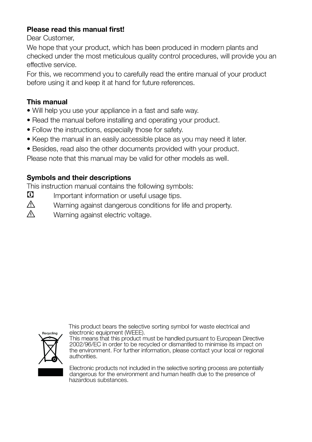 Blomberg KQD 1360X instruction manual Please read this manual first, This manual, Symbols and their descriptions 