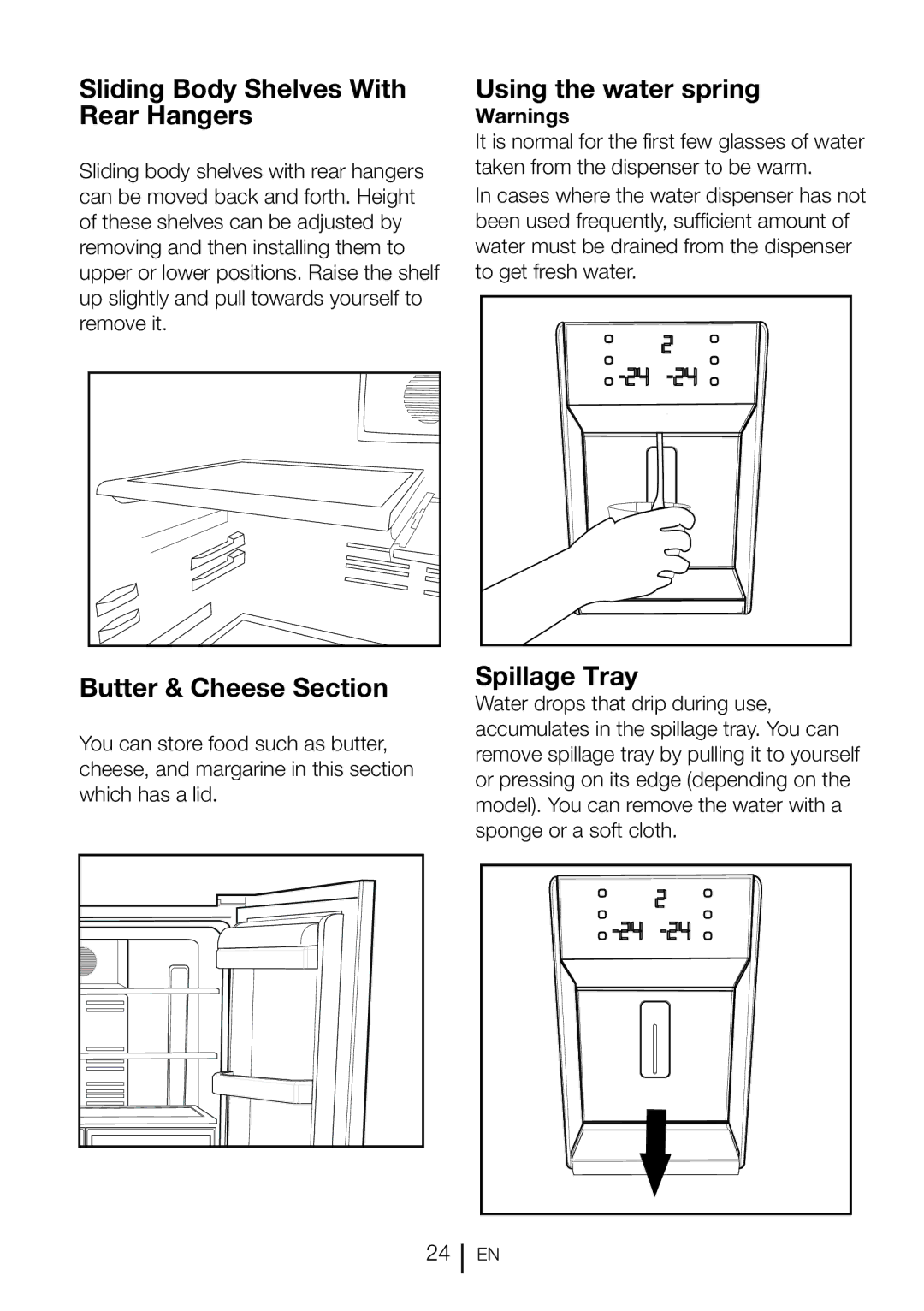 Blomberg KQD 1360X Sliding Body Shelves With Rear Hangers, Butter & Cheese Section, Using the water spring, Spillage Tray 