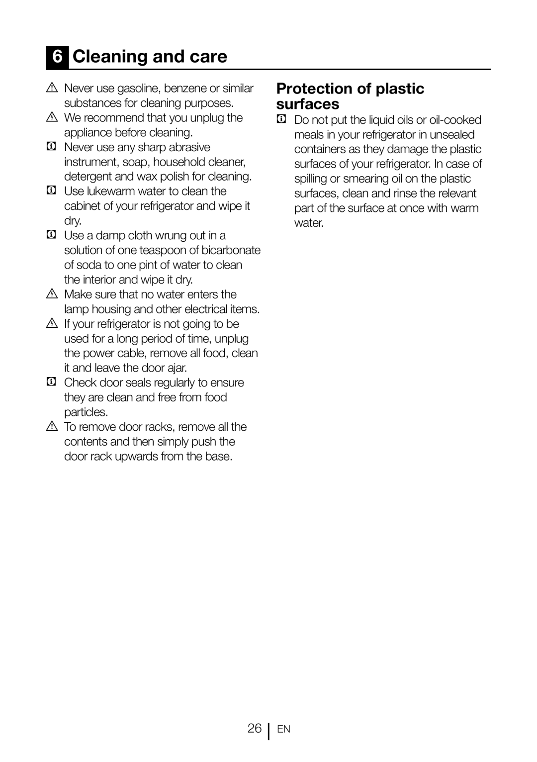 Blomberg KQD 1360X instruction manual Cleaning and care, Protection of plastic surfaces 