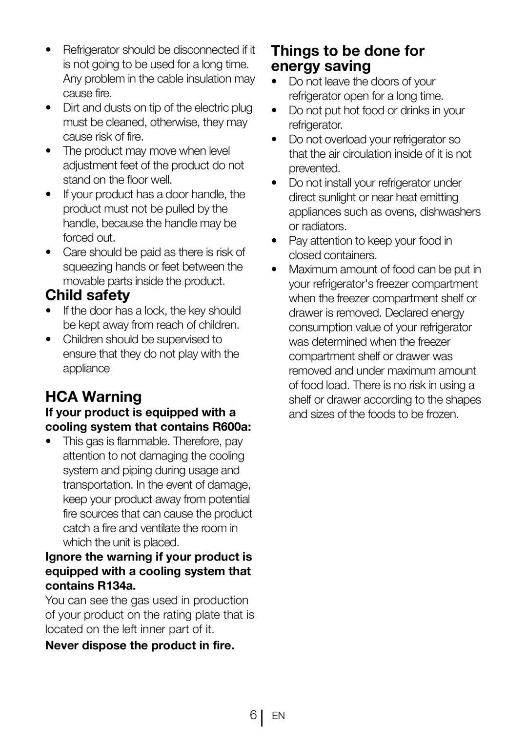 Blomberg KQD 1360X Child safety, HCA Warning, Things to be done for energy saving, Never dispose the product in fire 