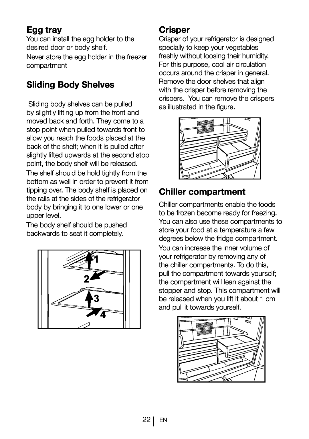 Blomberg KQD 1360X instruction manual 1 3 4, Egg tray, Sliding Body Shelves, Crisper, Chiller compartment 