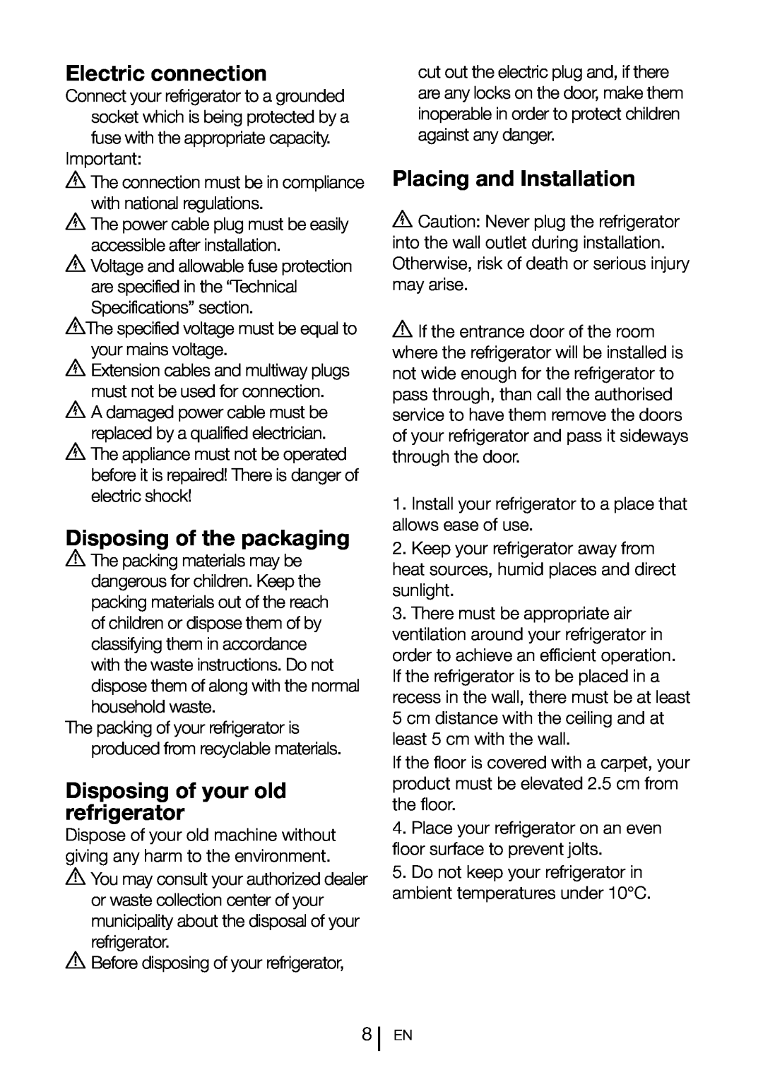 Blomberg KQD 1360X instruction manual Electric connection, Disposing of the packaging, Disposing of your old refrigerator 