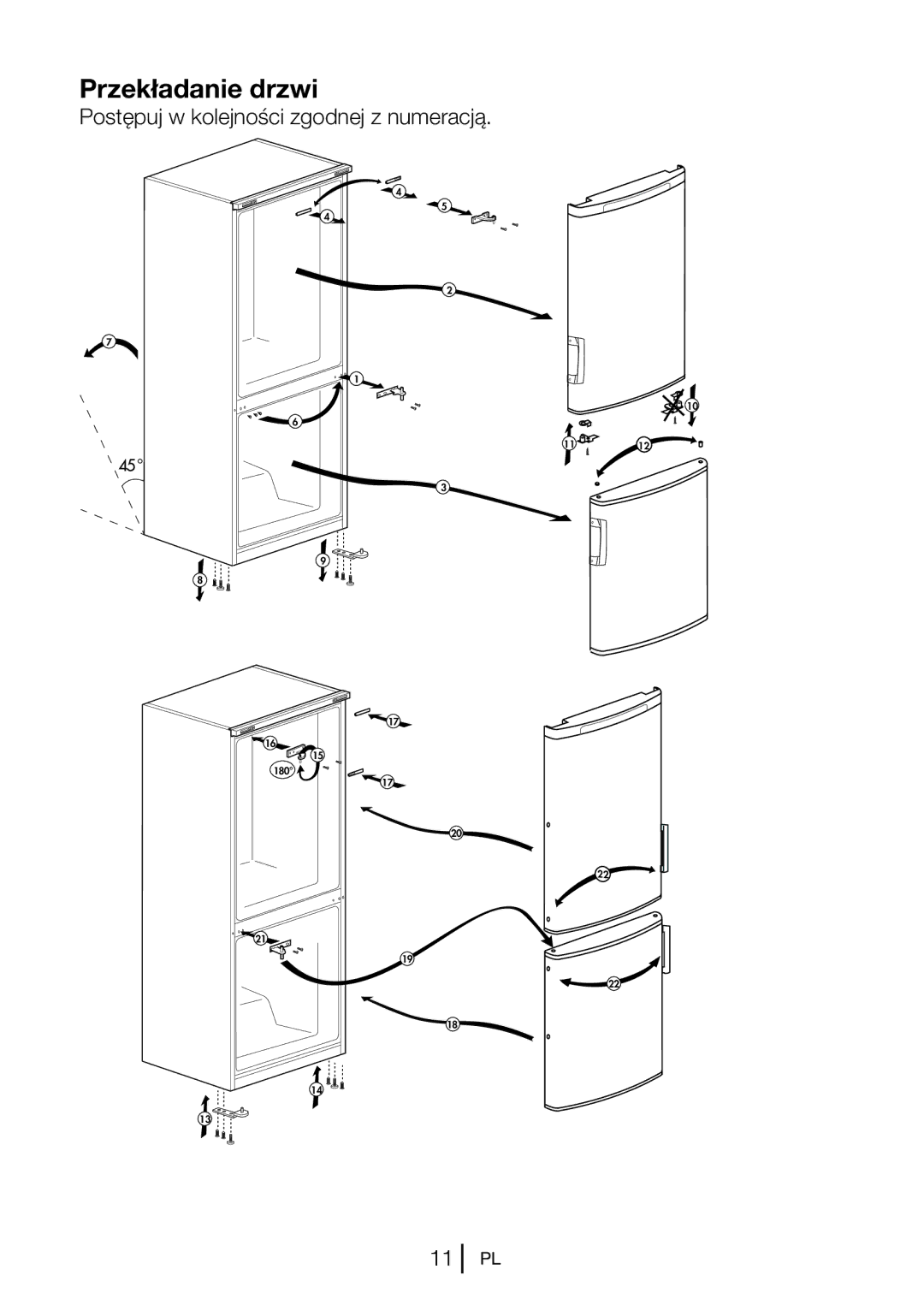 Blomberg KSM 9520 XA+, KSM 9520 A+ manual Przekładanie drzwi, Postępuj w kolejności zgodnej z numeracją 