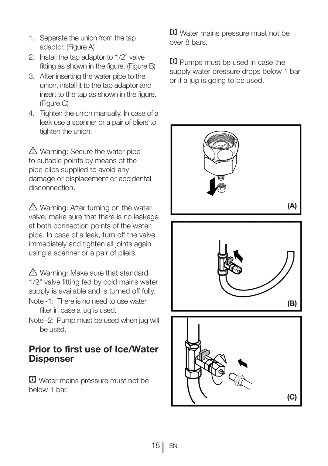 Blomberg KWD 9440 X Prior to first use of Ice/Water Dispenser, Separate the union from the tap adaptor. Figure a 