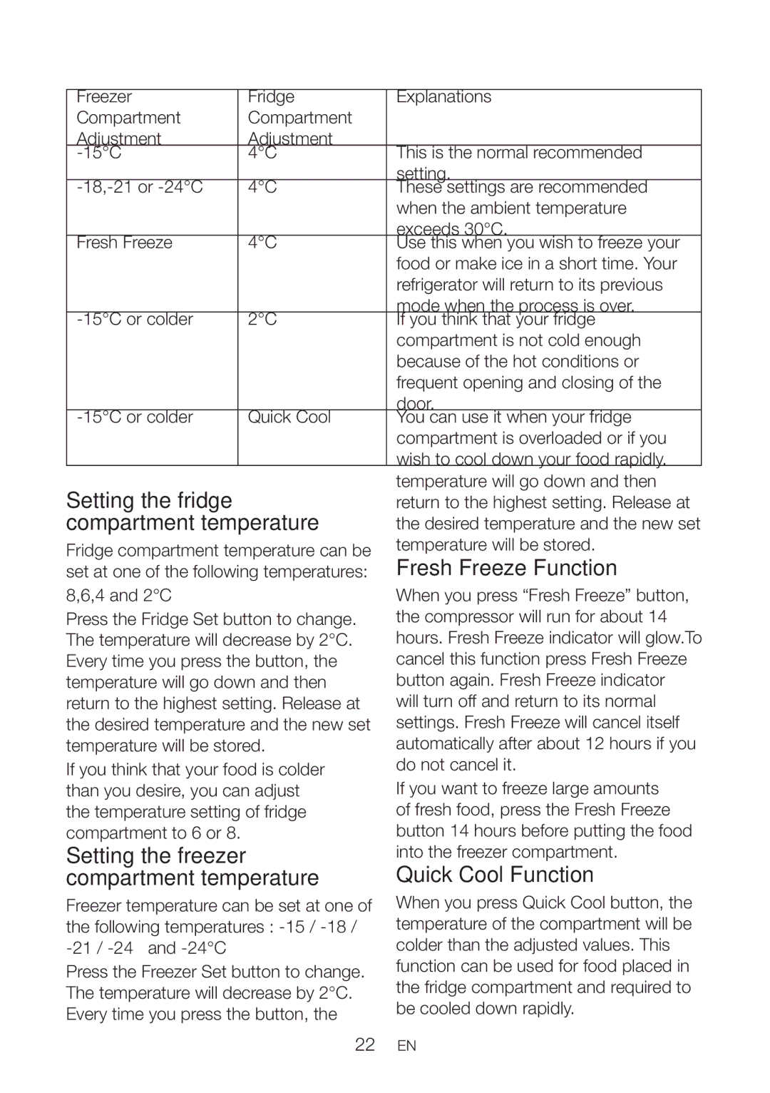 Blomberg IWD 1004 ET, KWD 9440 X Setting the fridge, Compartment temperature, Fresh Freeze Function, Setting the freezer 