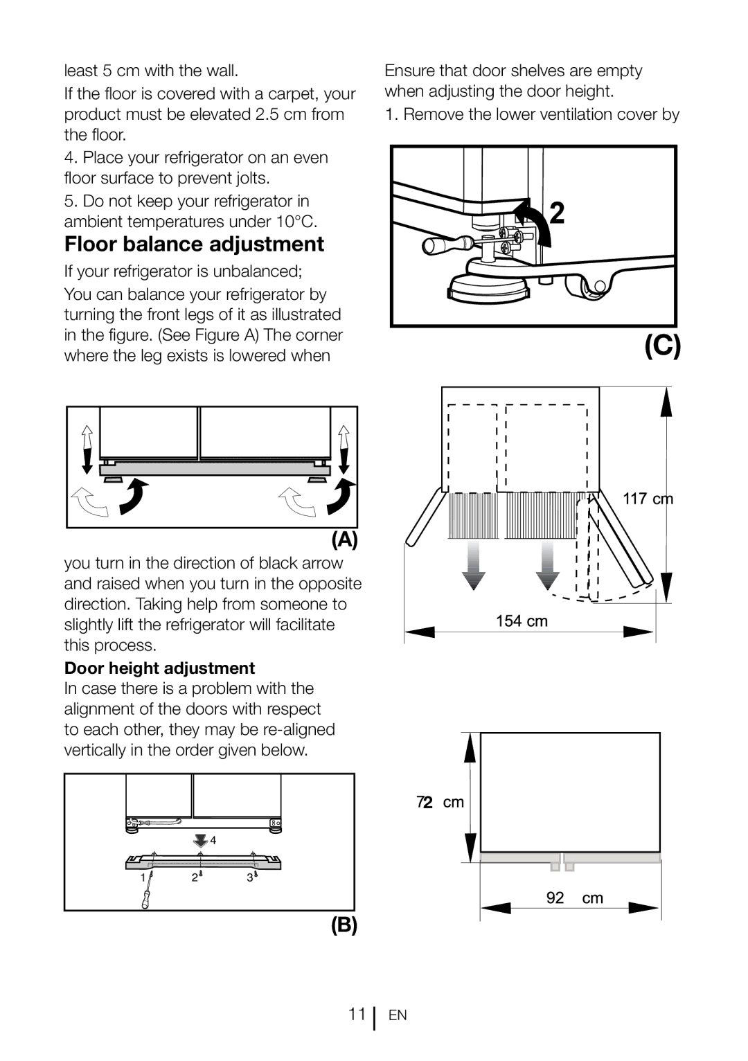 Blomberg IWD 1004 XT, KWD 9440 XA++ Floor balance adjustment, If your refrigerator is unbalanced, Door height adjustment 