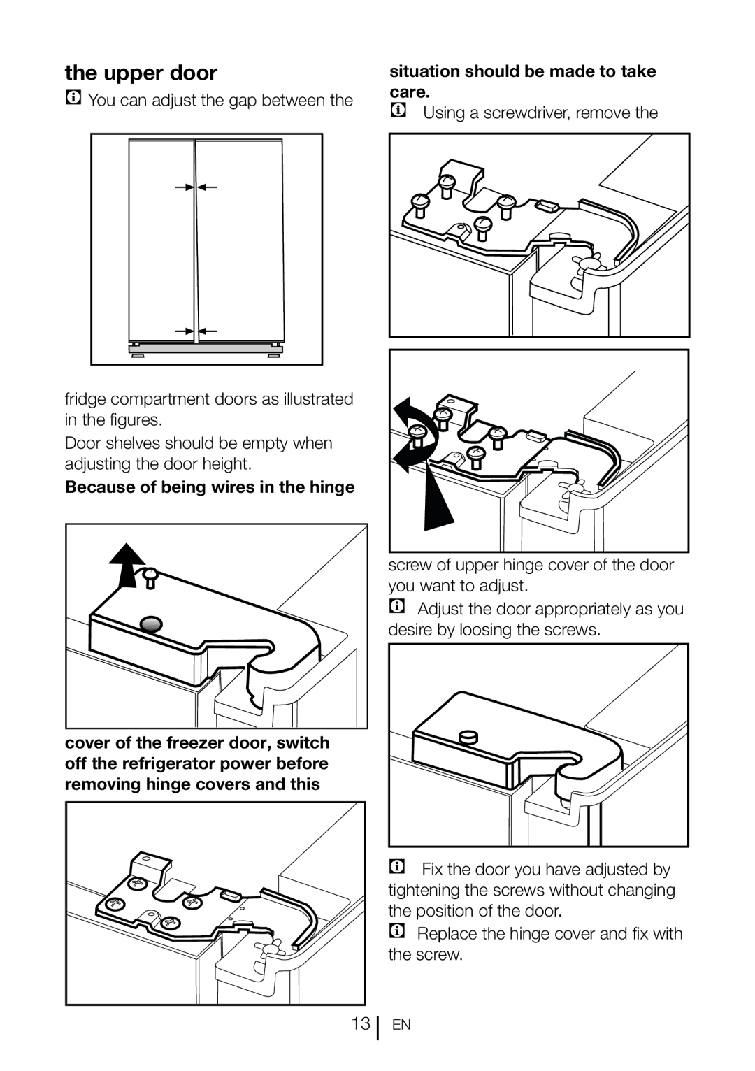 Blomberg KWD 9440 XA++, IWD 1005 XT Upper door, Because of being wires in the hinge, Situation should be made to take care 