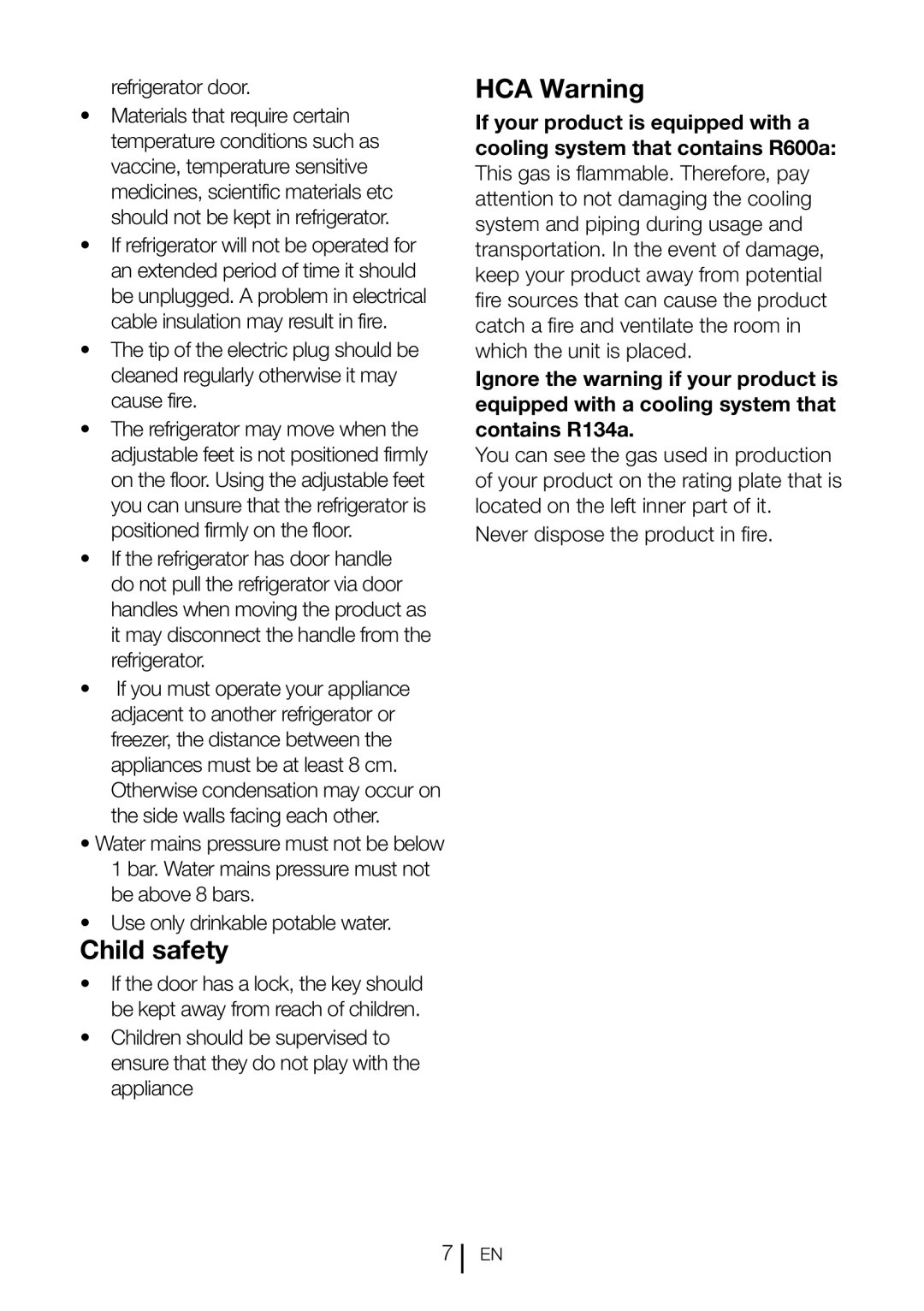 Blomberg KWD 9440 XA++, KWD 9440 X A+ Child safety, HCA Warning, Refrigerator door, Never dispose the product in fire 