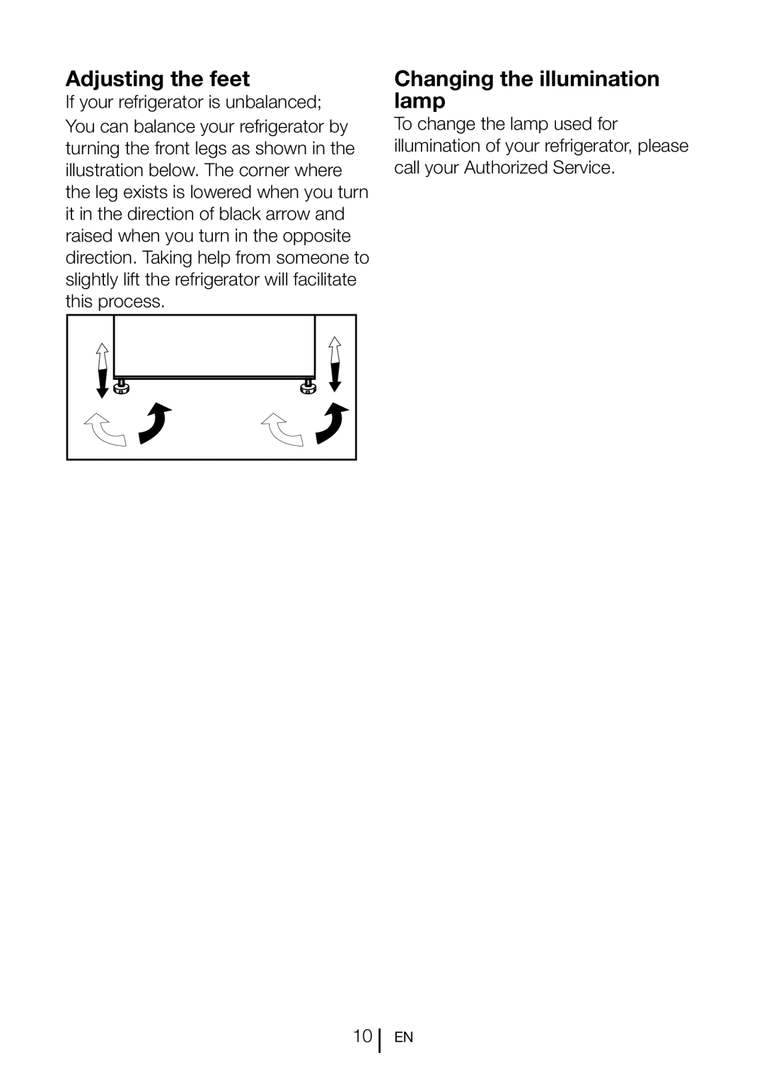 Blomberg SND 9681 XD operating instructions Adjusting the feet, Changing the illumination lamp 