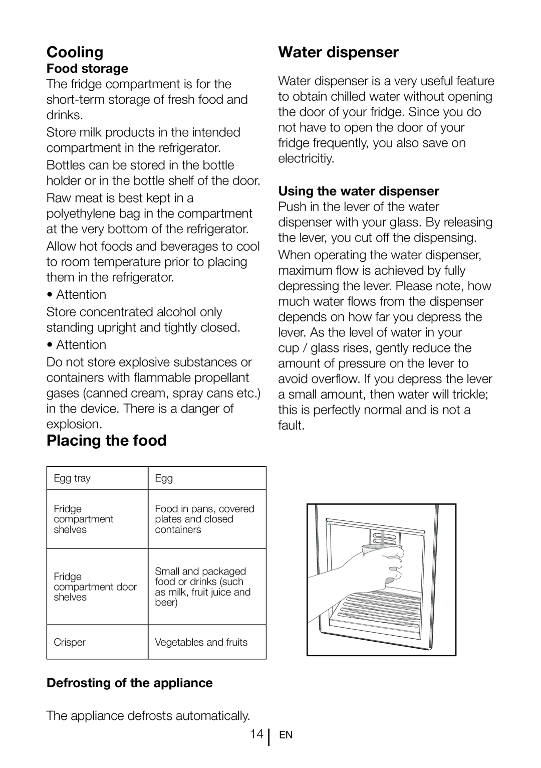 Blomberg SND 9681 XD Cooling, Placing the food, Water dispenser, Food storage, Defrosting of the appliance 