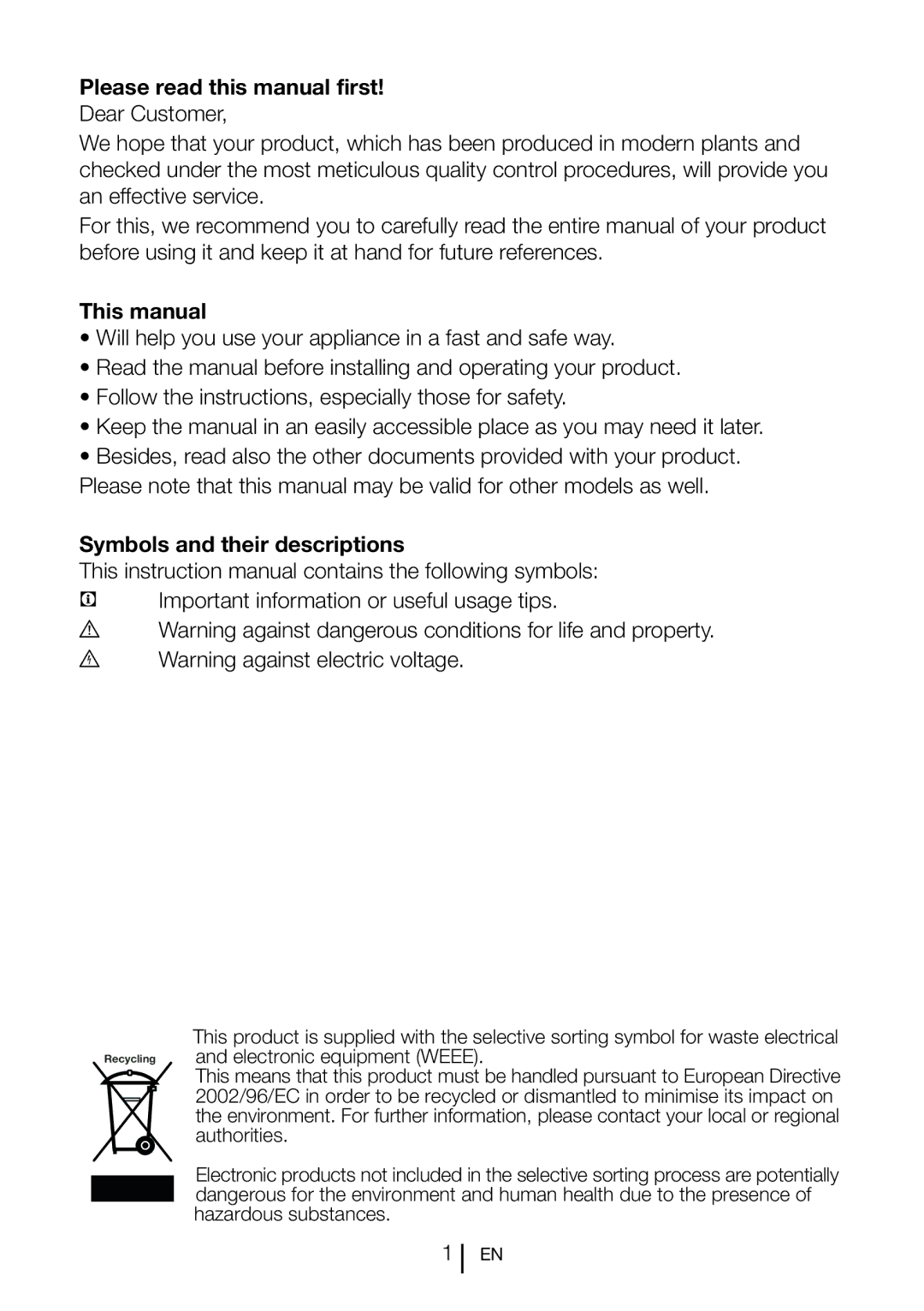 Blomberg SND 9681 XD operating instructions Please read this manual first, This manual, Symbols and their descriptions 