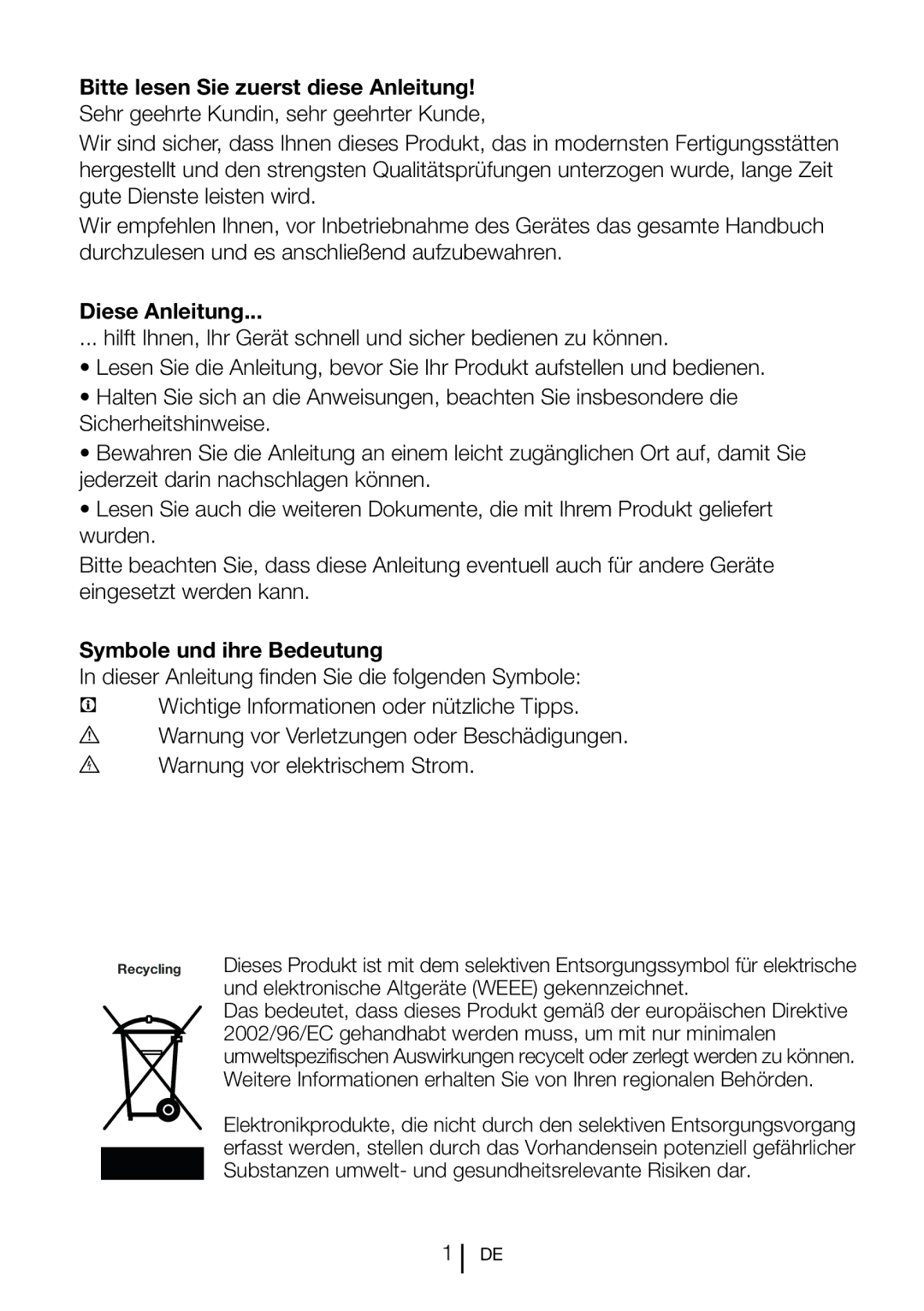 Blomberg SND 9681 XD operating instructions Diese Anleitung, Symbole und ihre Bedeutung 