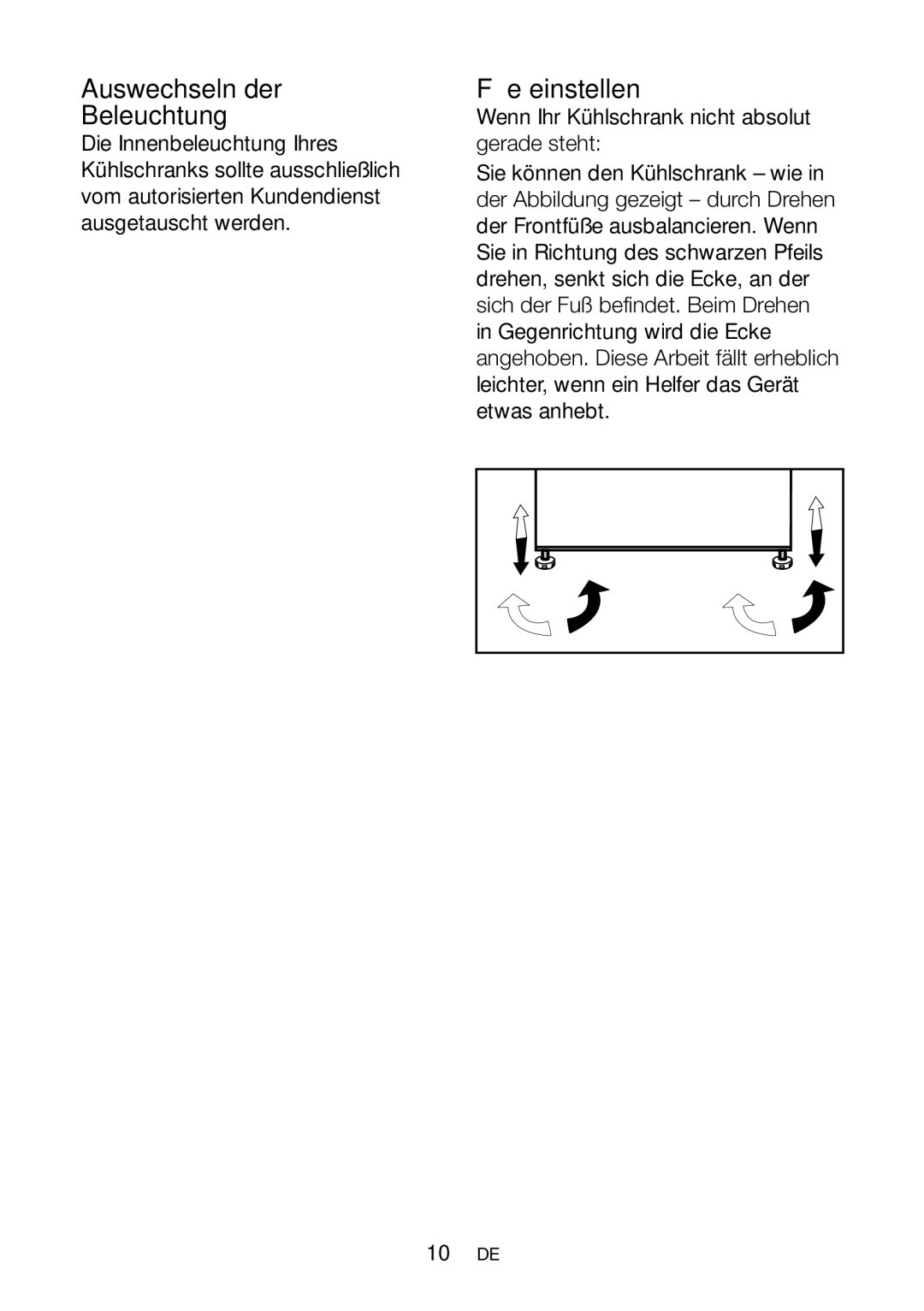 Blomberg SND 9681 XD operating instructions Auswechseln der Beleuchtung, Füße einstellen 