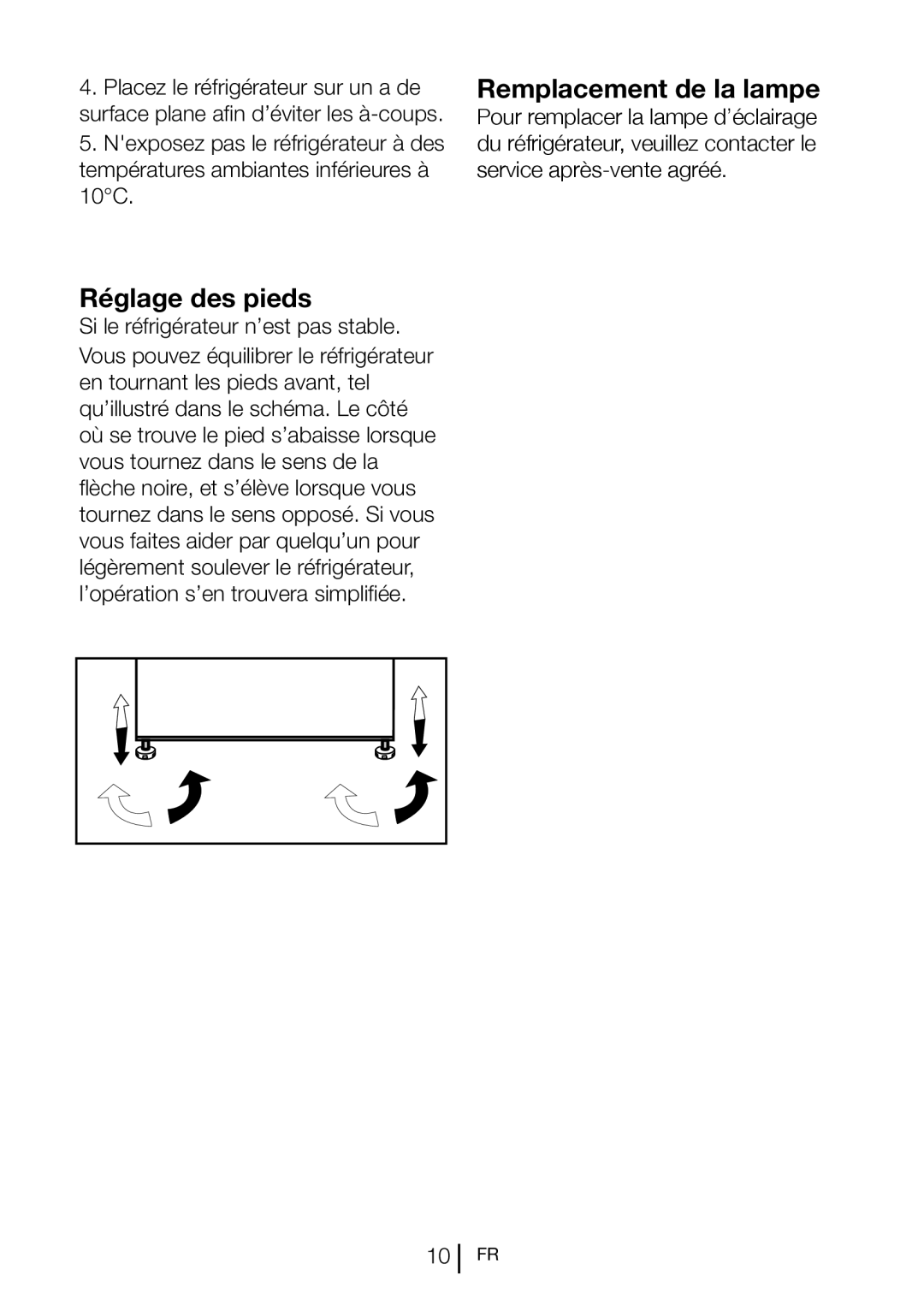 Blomberg SND 9681 XD operating instructions Remplacement de la lampe, Réglage des pieds 