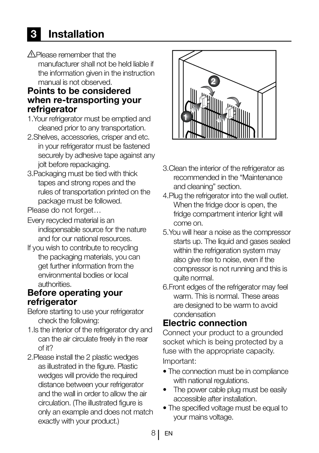 Blomberg SND 9681 XD operating instructions Installation, Before operating your refrigerator, Electric connection 