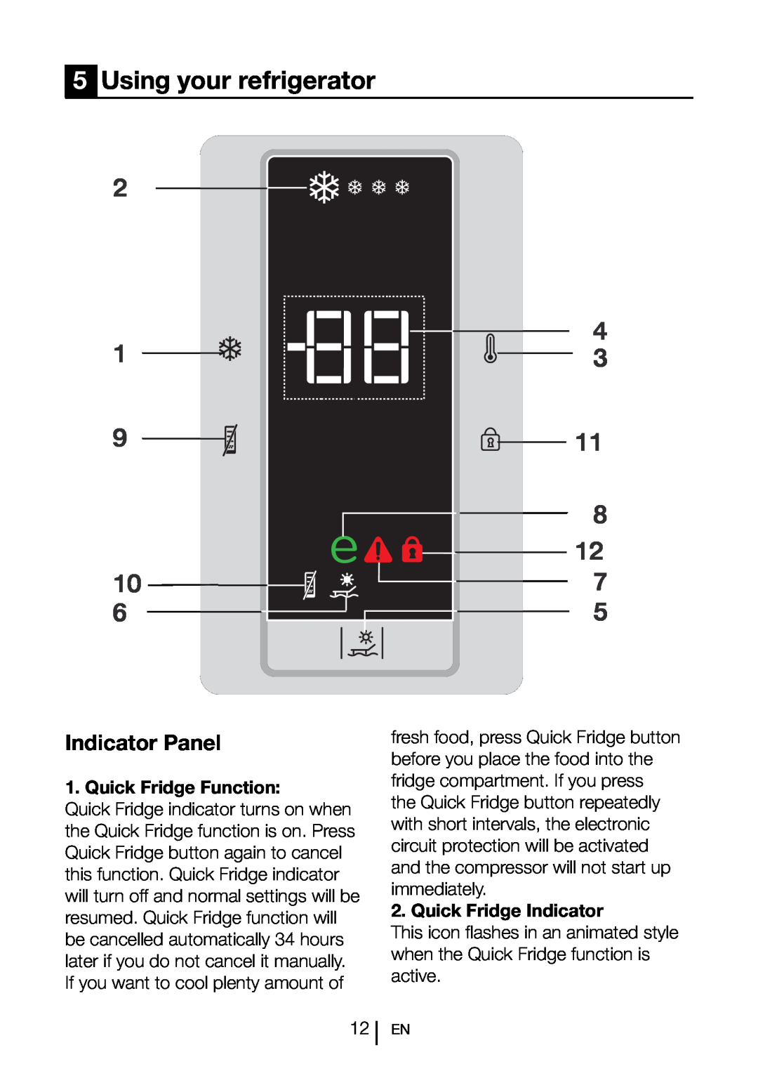 Blomberg SND 9681 XD Using your refrigerator, Indicator Panel, Quick Fridge Function, Quick Fridge Indicator 