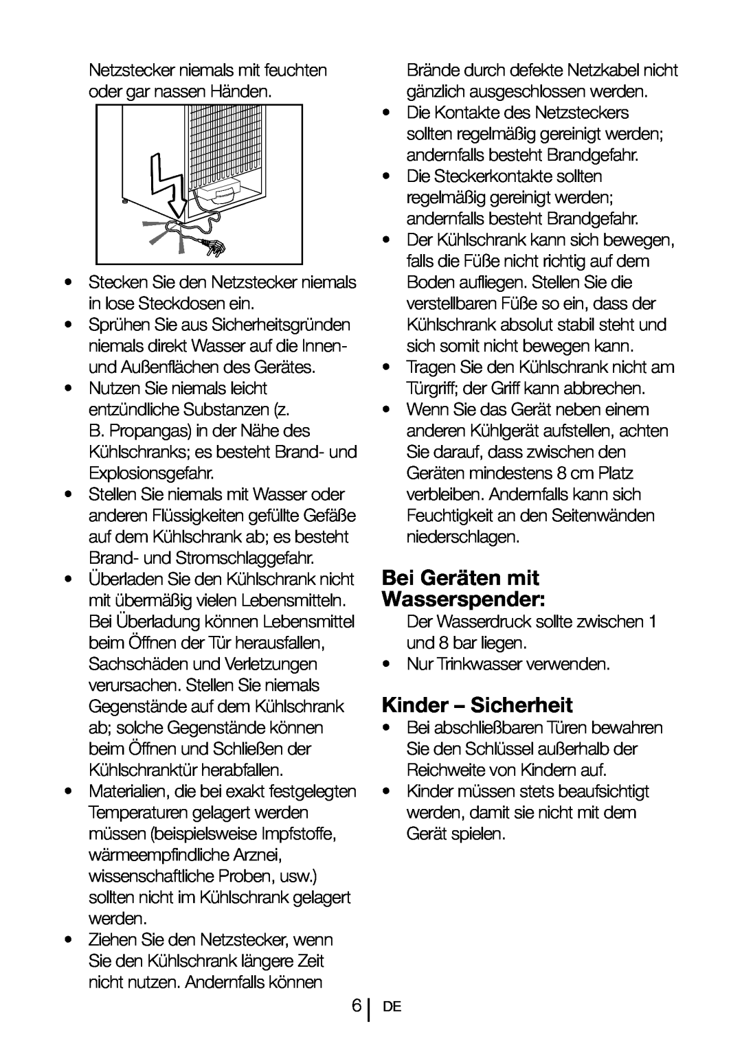 Blomberg SND 9681 XD operating instructions Bei Geräten mit Wasserspender, Kinder - Sicherheit 