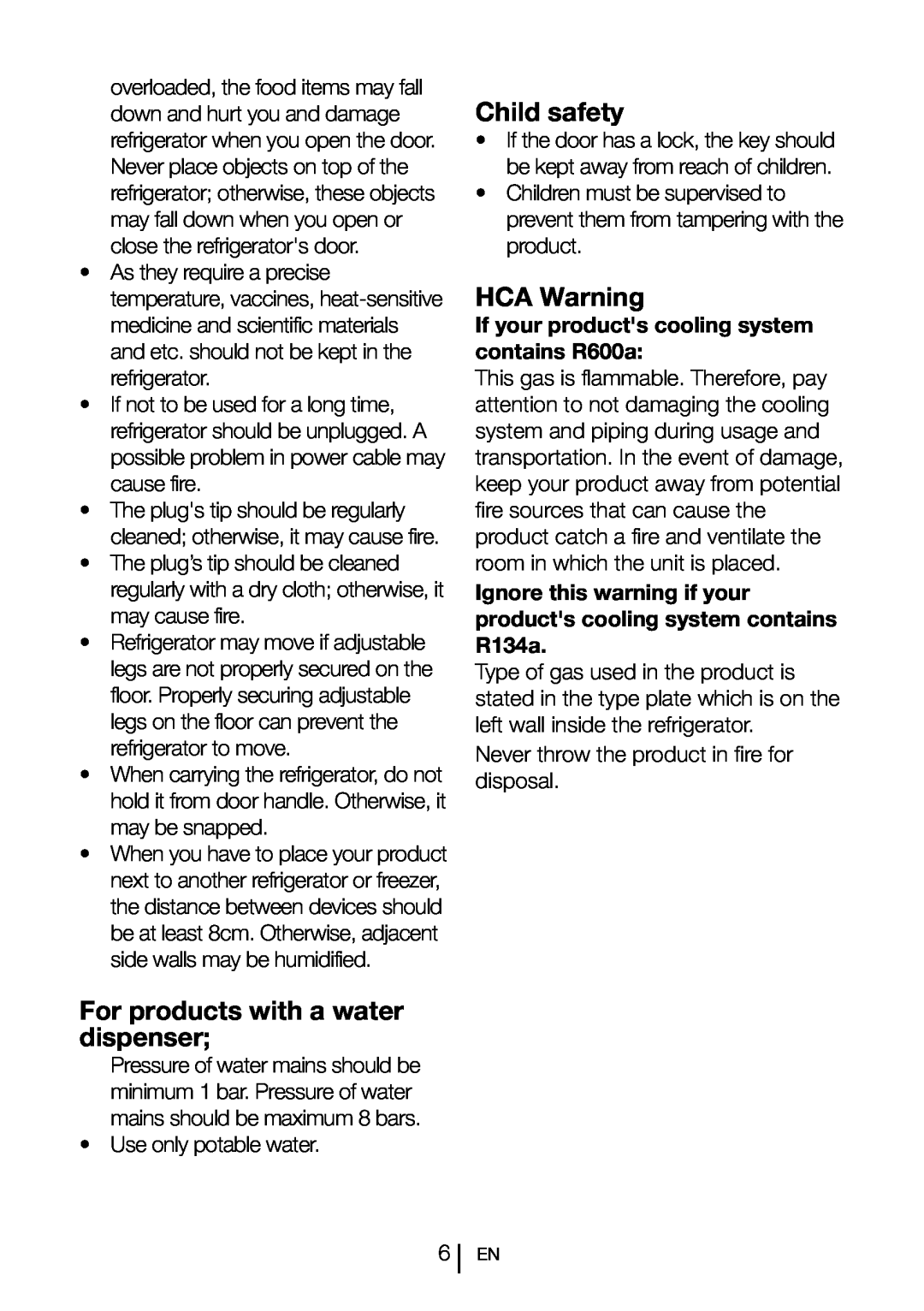 Blomberg SND 9681 XD operating instructions For products with a water dispenser, Child safety, HCA Warning 