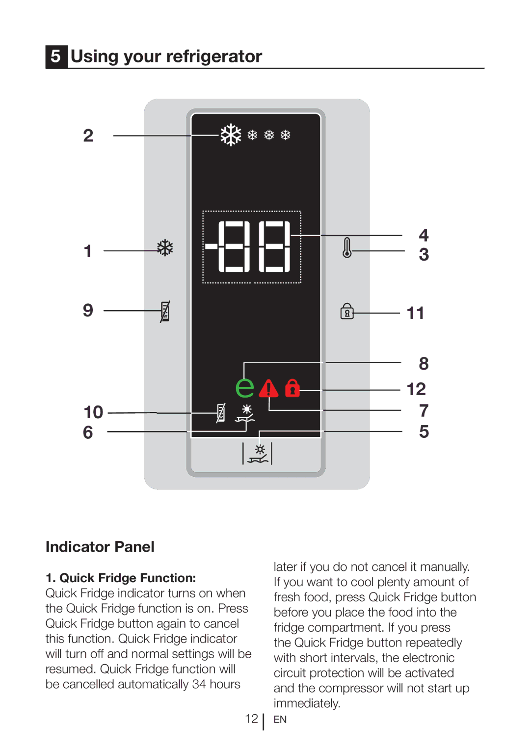 Blomberg SND 9682 XD, SND 9682 ED A+ manual Using your refrigerator, Indicator Panel, Quick Fridge Function 