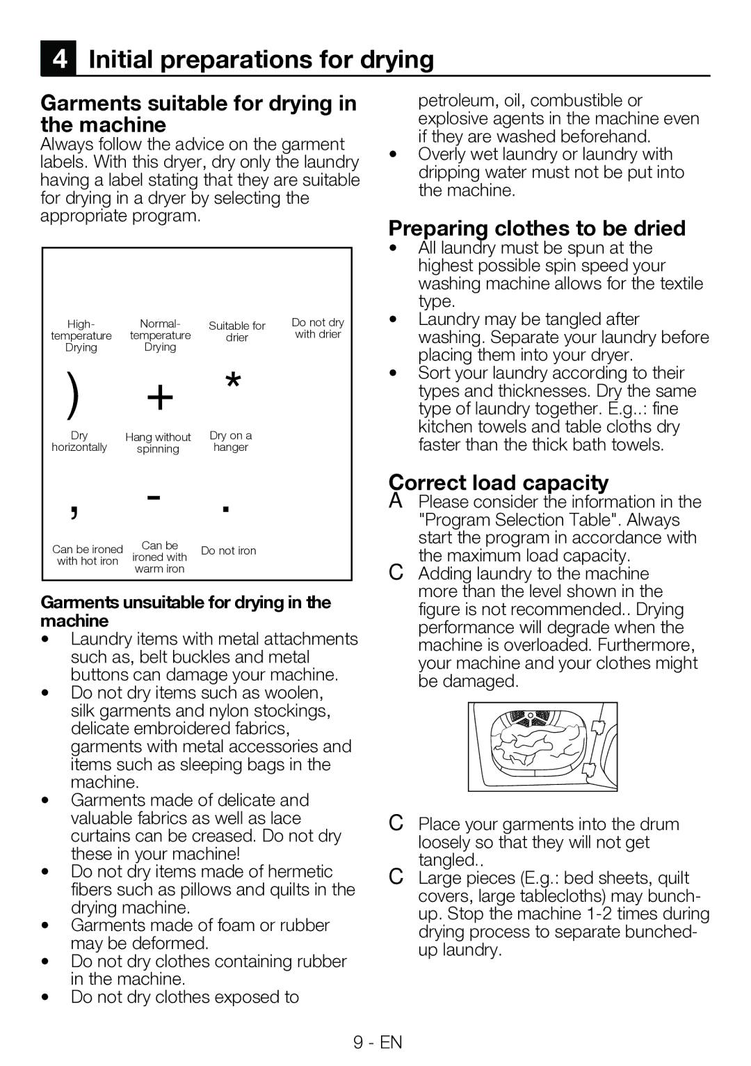 Blomberg TAF 7230 A Initial preparations for drying, Garments suitable for drying in the machine, Correct load capacity 