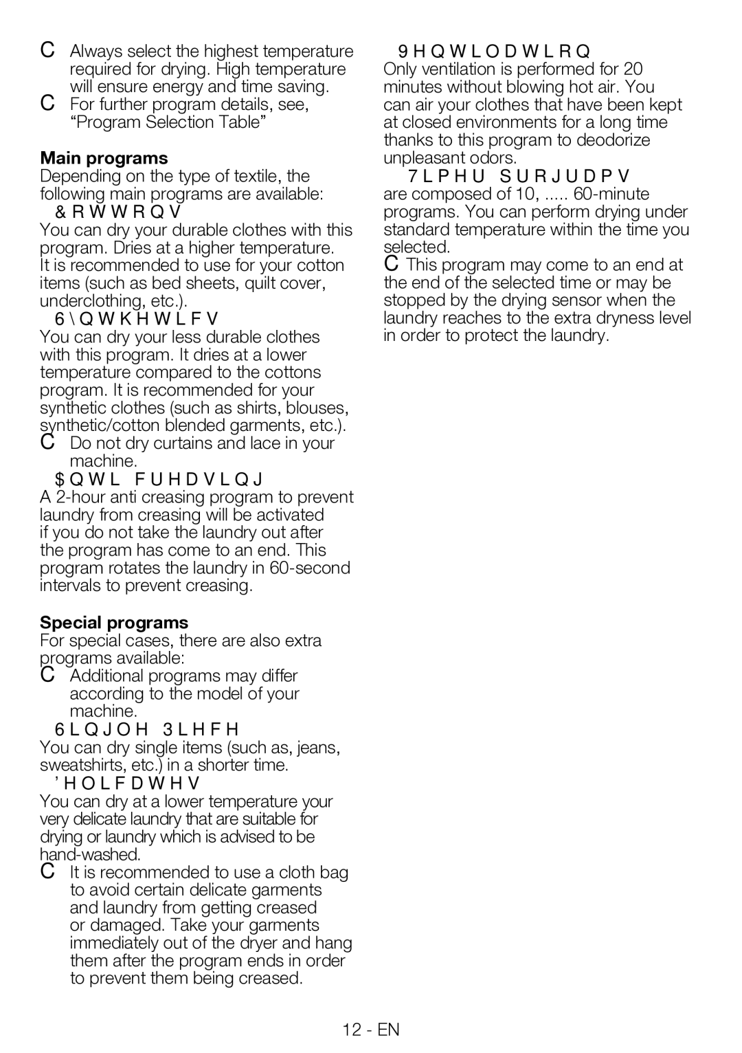 Blomberg TAF 7230 A manual Main programs, Cottons, Synthetics, Anti-creasing, Special programs, Single Piece, Delicates 