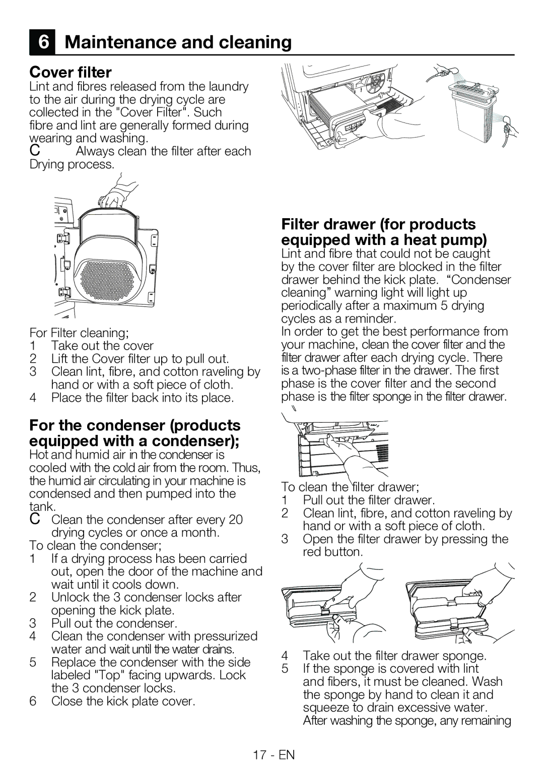 Blomberg TAF 7230 A manual Maintenance and cleaning, Cover filter, Filter drawer for products equipped with a heat pump 