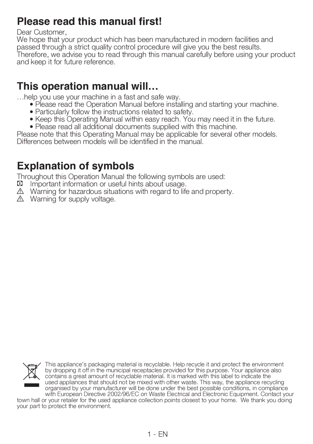 Blomberg TAF 7230 A Please read this manual first, Explanation of symbols 