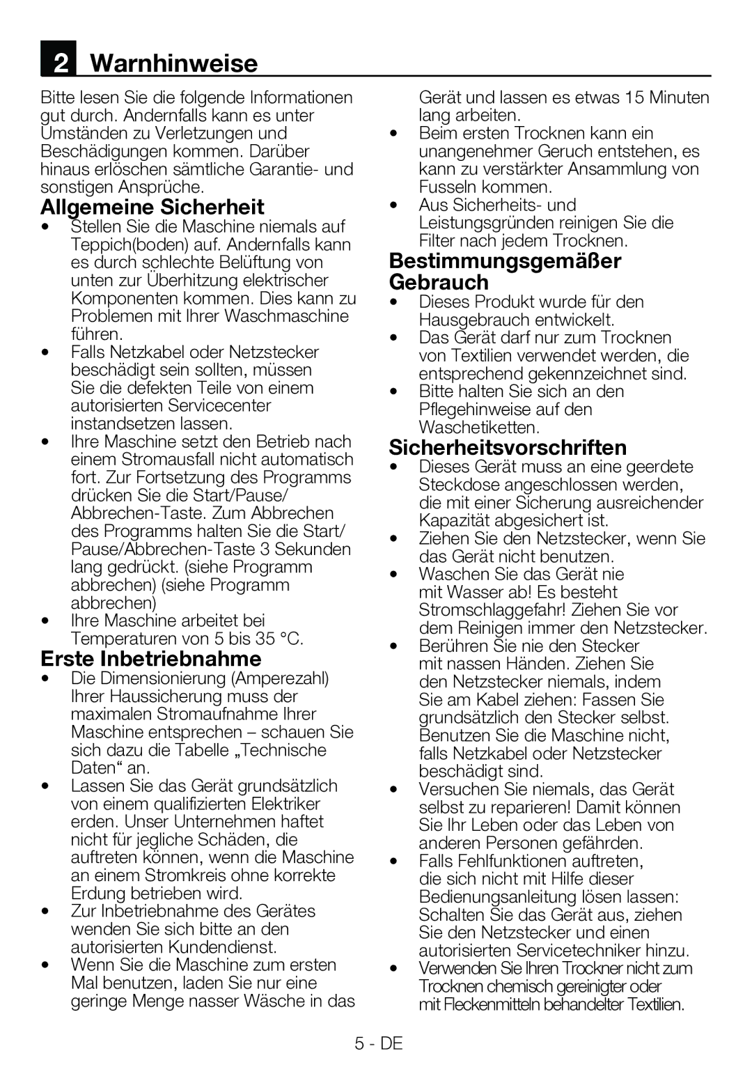 Blomberg TAF 7230 A manual Warnhinweise, Allgemeine Sicherheit, Erste Inbetriebnahme, Bestimmungsgemäßer Gebrauch 