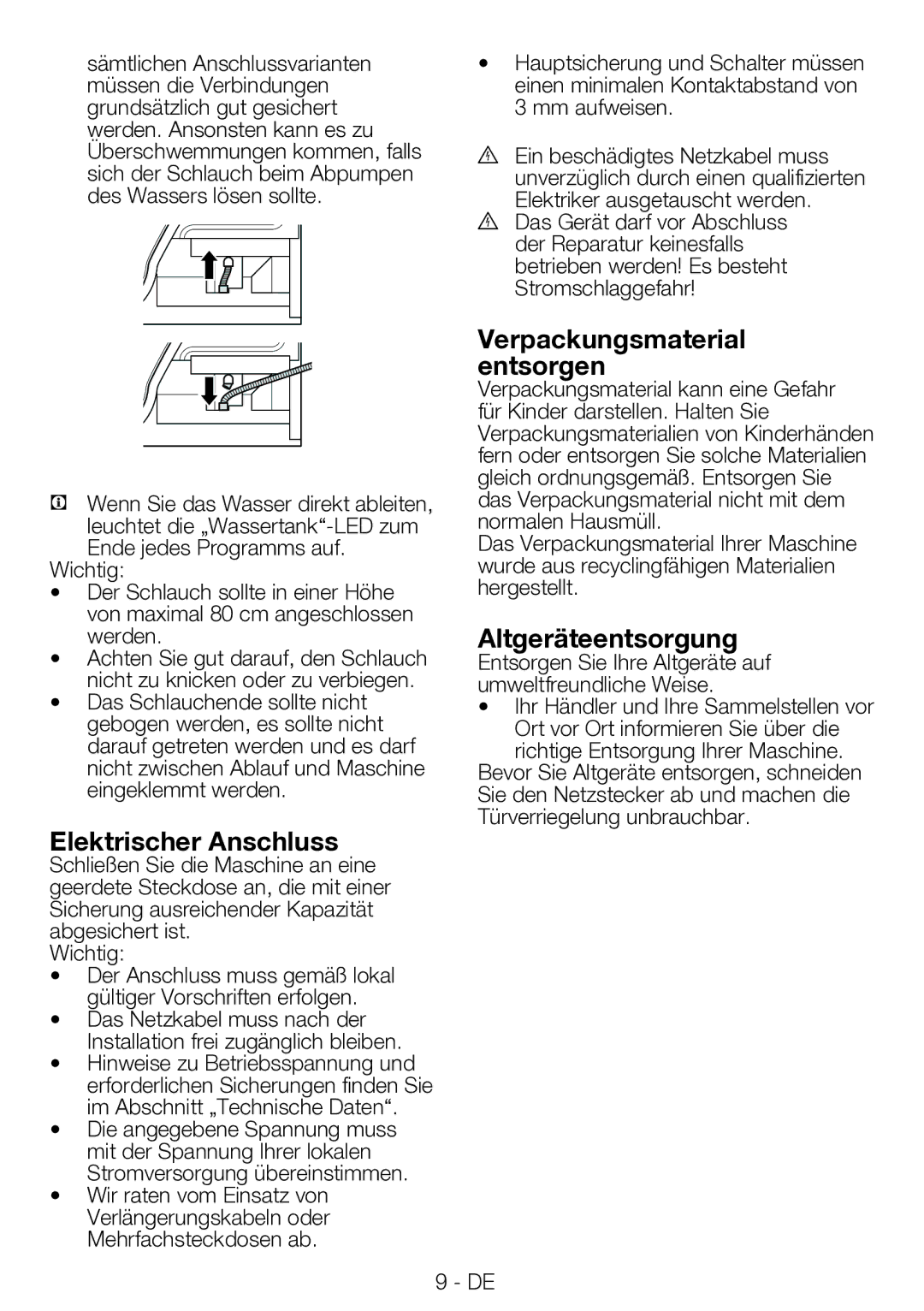 Blomberg TAF 7230 A manual Elektrischer Anschluss, Verpackungsmaterial entsorgen, Altgeräteentsorgung, Mm aufweisen 